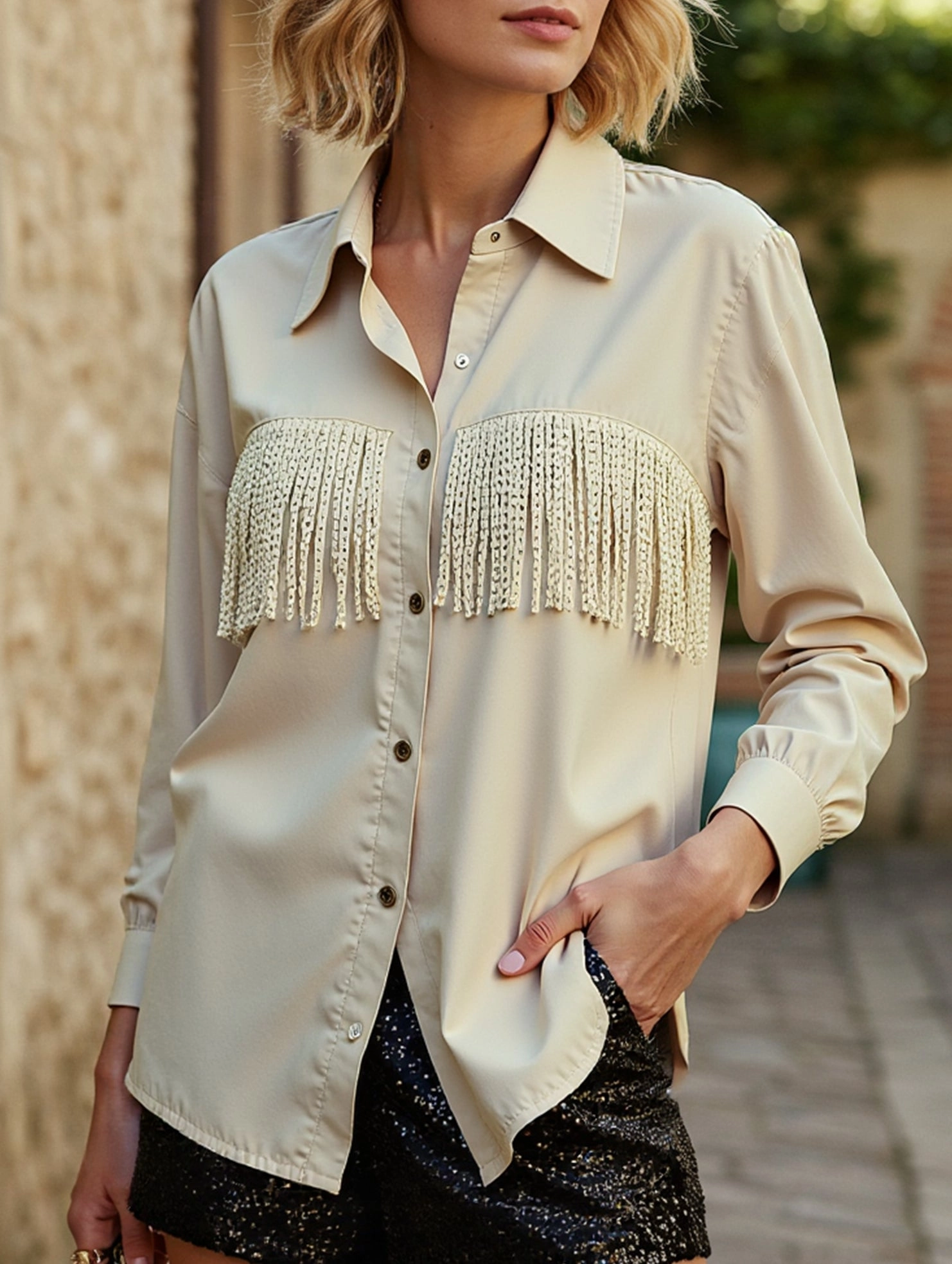 Compact Jacquard Weave WOMEN TASSEL DETAILED BUTTON UP BLOUSE SHIRTS