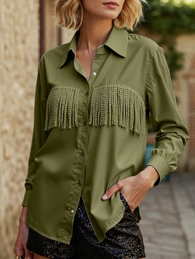 Adjustable Hem WOMEN TASSEL DETAILED BUTTON UP BLOUSE SHIRTS