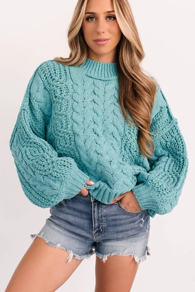 Drop Shoulder Design Things Change POL Cable Knit Sweater (Aqua Teal)