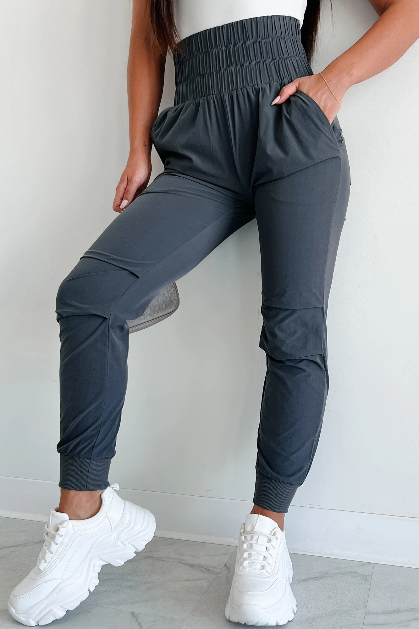 Thrill Of The Game High Waist Joggers (Charcoal) Comfy Material
