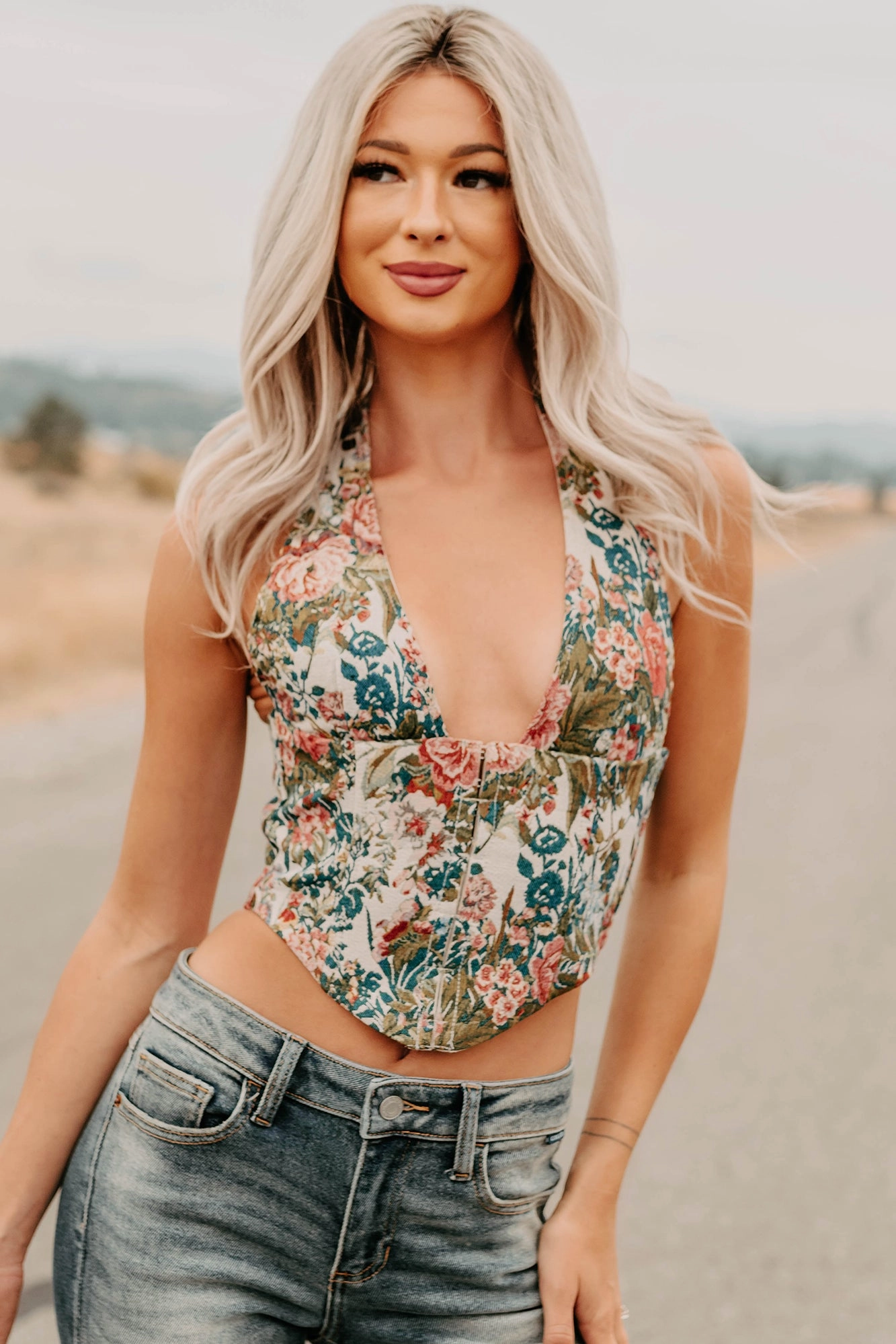 Thrive In Color Floral Halter Crop Top (Multi) Adaptive Fit Technology Layered Placket Design