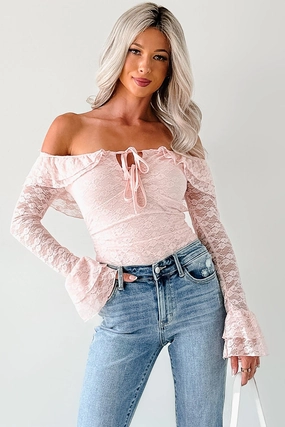 Throne Ready Off The Shoulder Lace Bodysuit (Blush) Stretch Woven Material