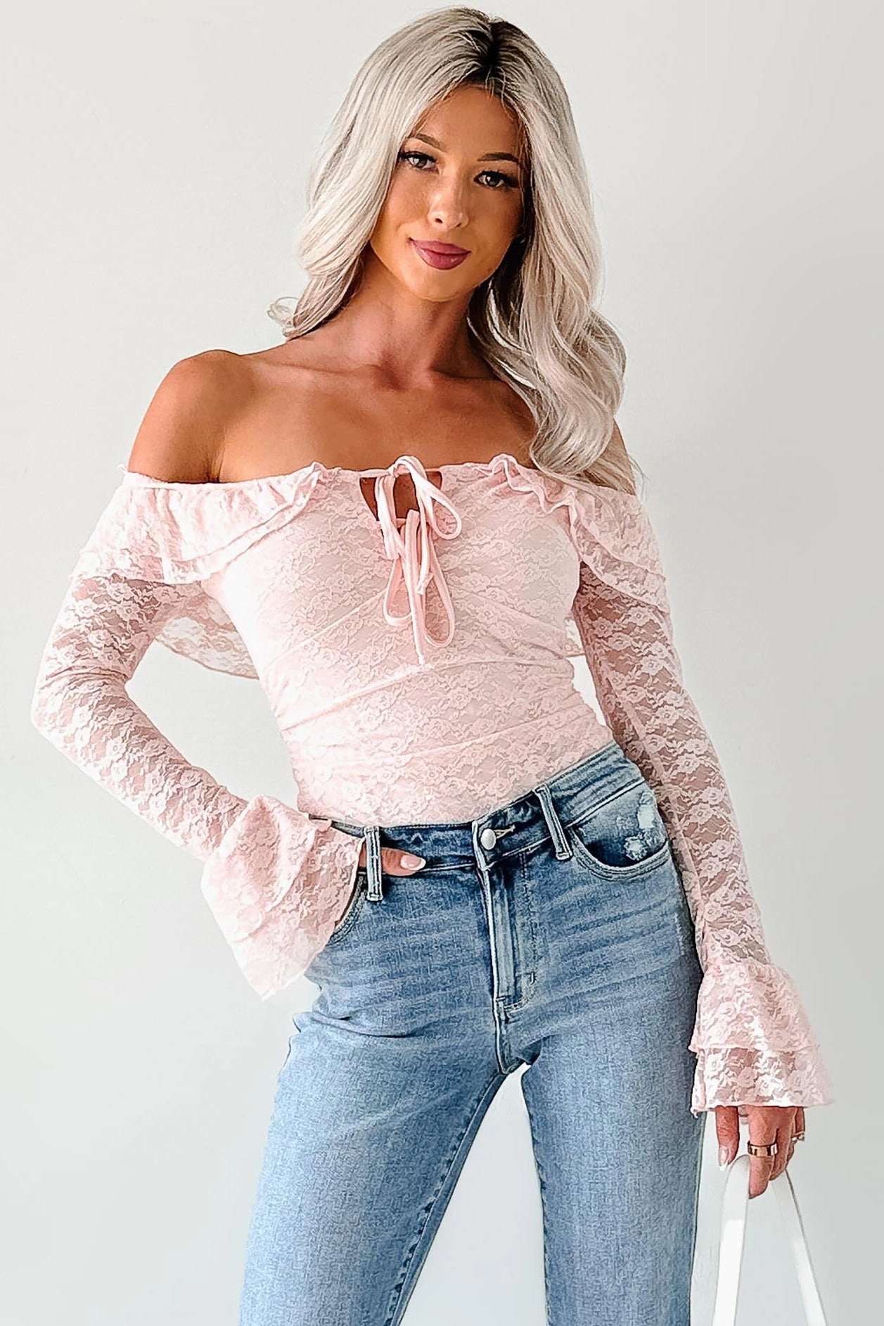 Throne Ready Off The Shoulder Lace Bodysuit (Blush) Reinforced Hemline Winter Fashion