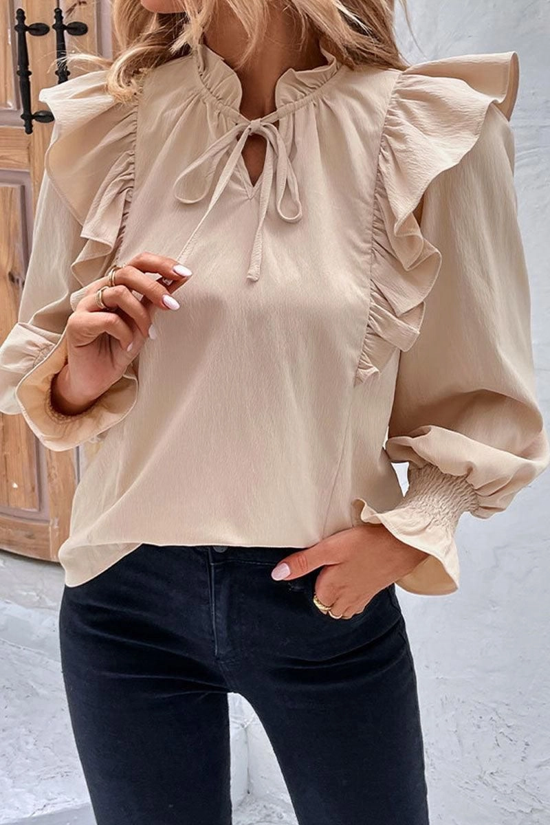 TIED NECK FUNGUS SLEEVE SOLID BLOUSE All-Purpose