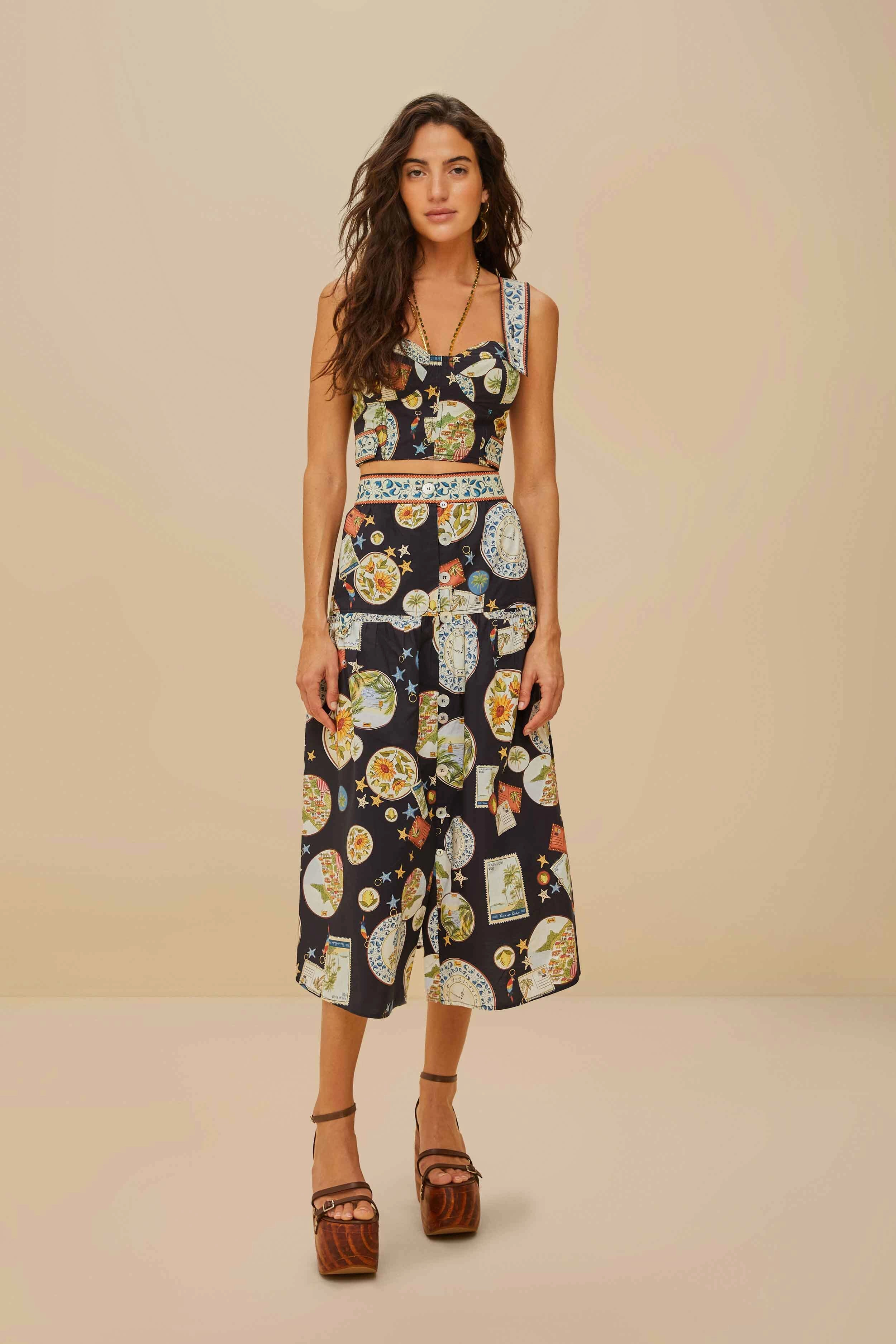 Trip Souvenir Mixed Buttons Midi Skirt Black Clean Outfit