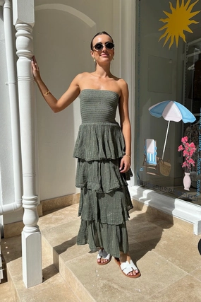 Fashion Look Tiered Maxi Dress Khaki/Gold