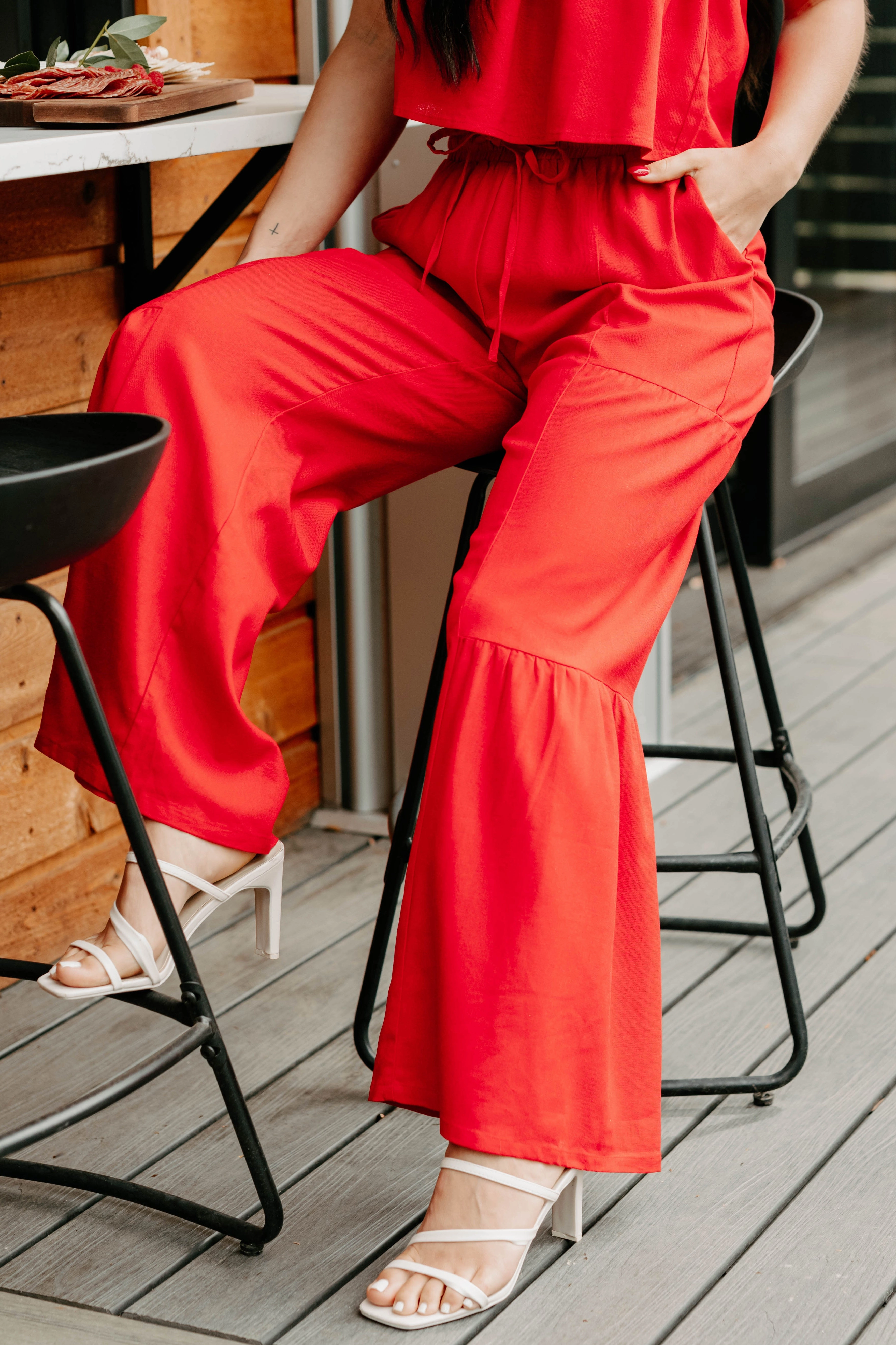 Stylish Layers Trendy Cut Real Karma Tiered Linen Pants (Red)