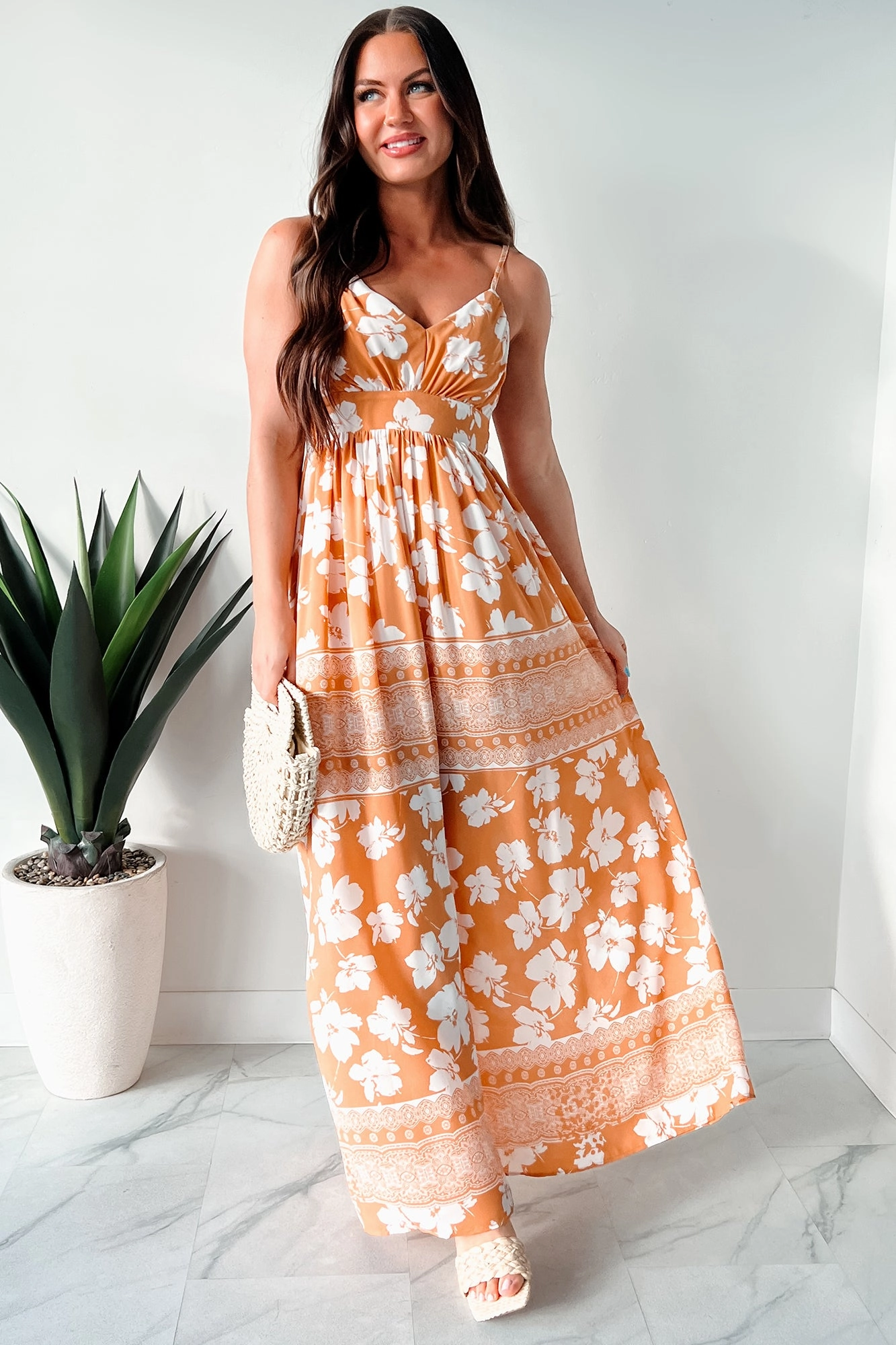 Soft Curve BiasCutSilhouette Honolulu Happy Hour Floral Maxi Dress (Apricot)