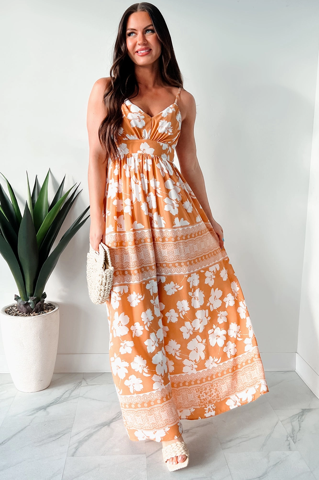 Open-back Matte-Lining Honolulu Happy Hour Floral Maxi Dress (Apricot)