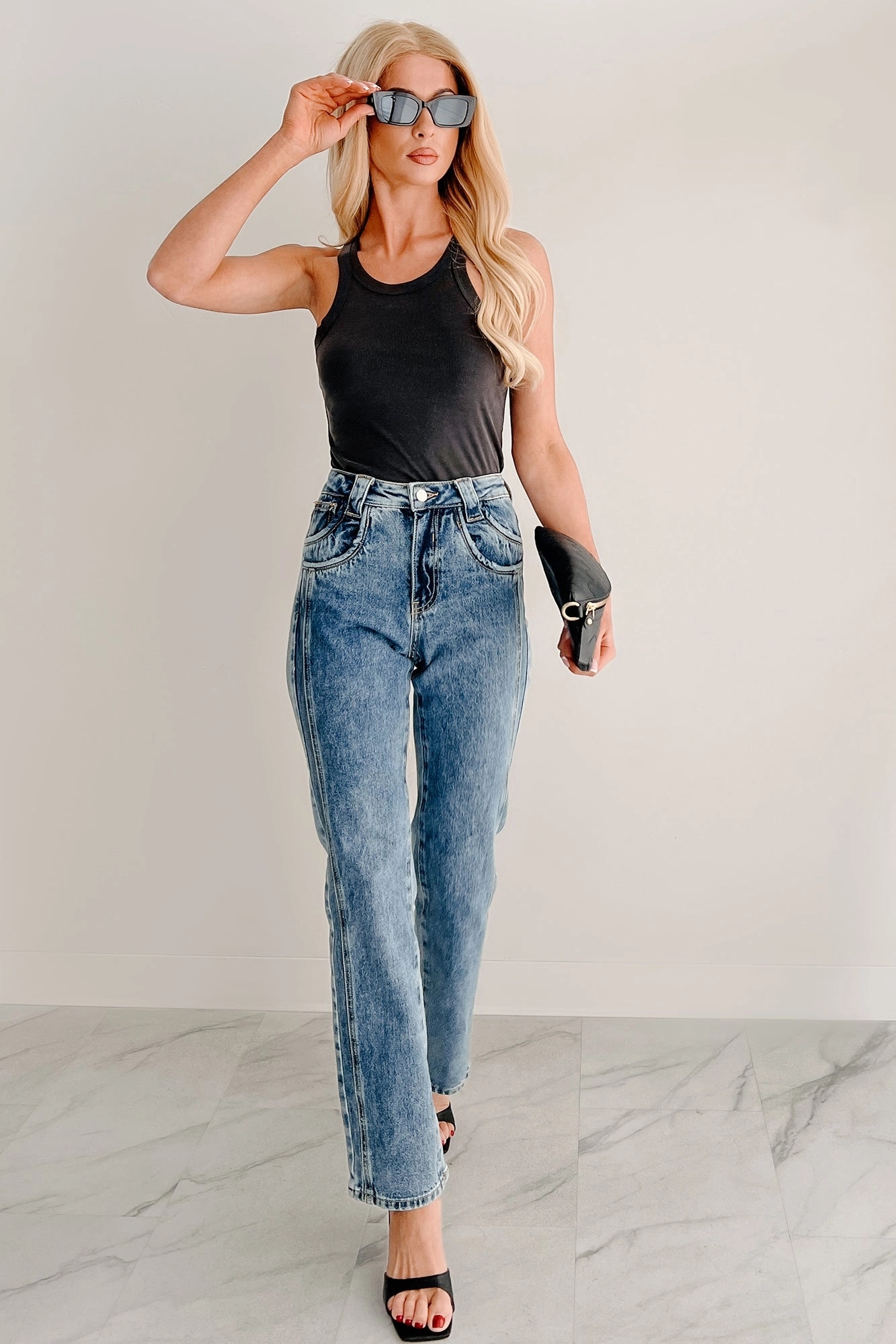 Back pockets sporty wear Ada High Rise Saige Dad Jeans (Medium)