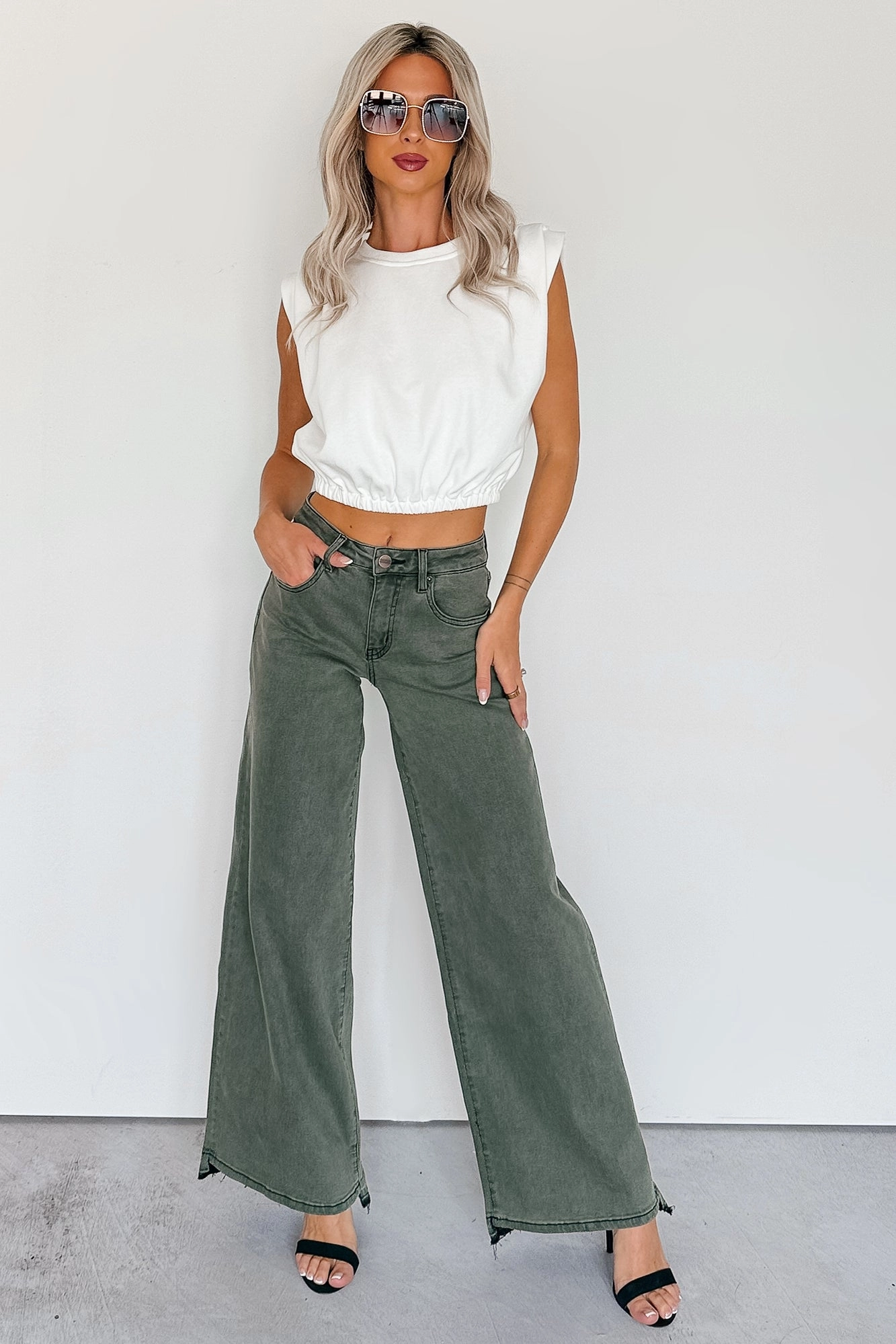 Valencia High Rise Wide Leg Mica Denim Jeans (Dark Green) Seasonal Wear