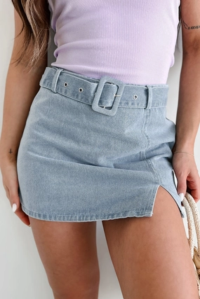 Growing Distant Belted Denim Mini Skirt (Washed Denim) Relaxed Mood elastic waistband