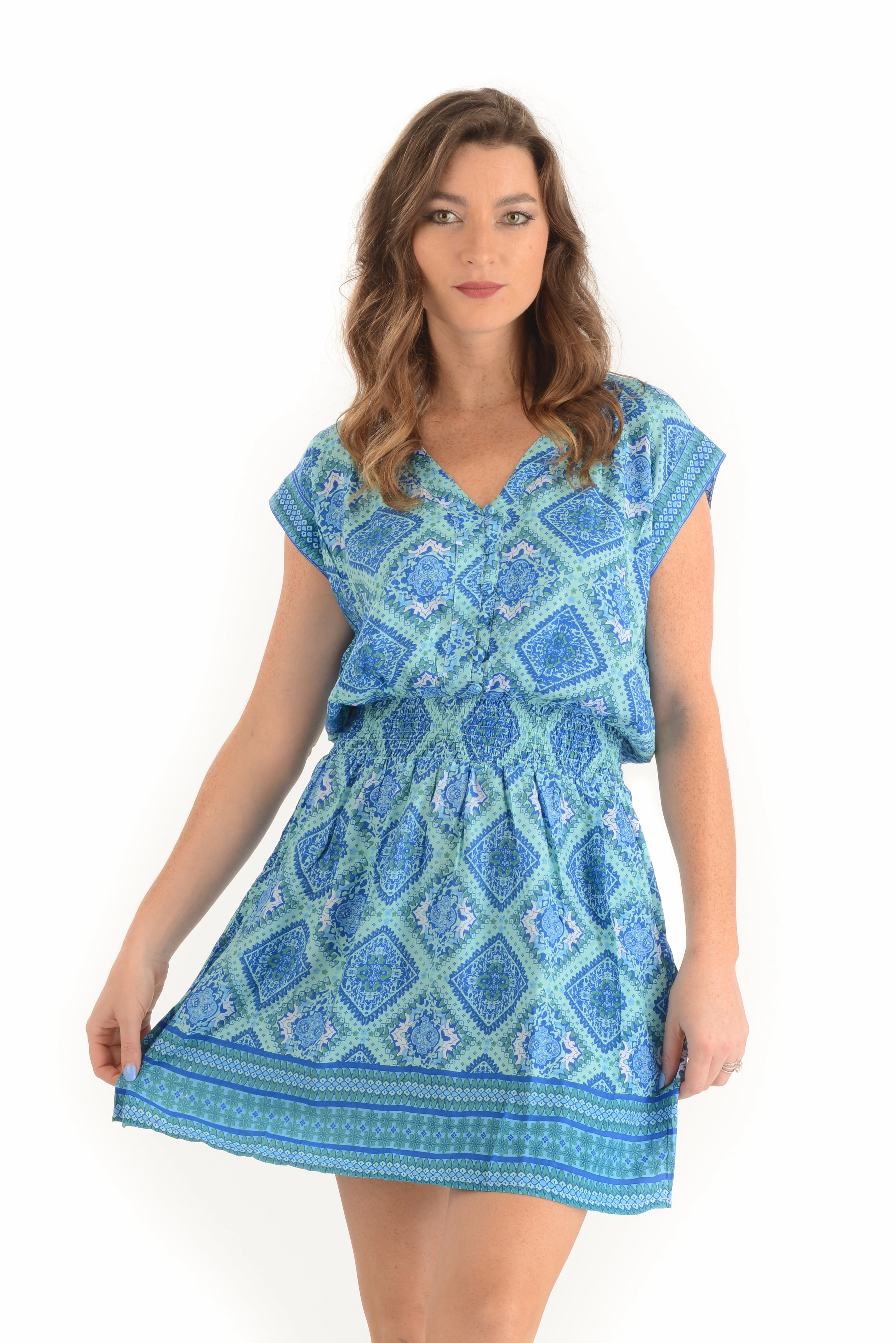 Patterned-Fabric Anna Dress / Aqua Diamond