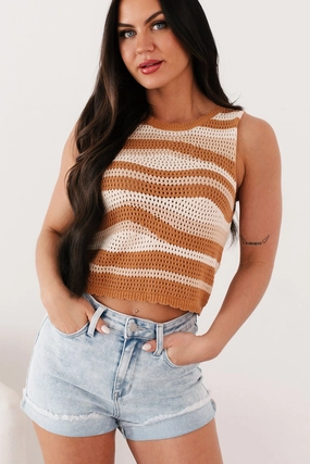 Timelessly Trendy Striped Crochet Sweater Tank (Cream/Multi) Thermal Insulation Tech