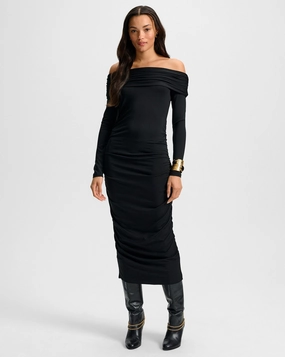 Sleek Comfort Bless Touch Tinette Off-The-Shoulder Midi Dress Black