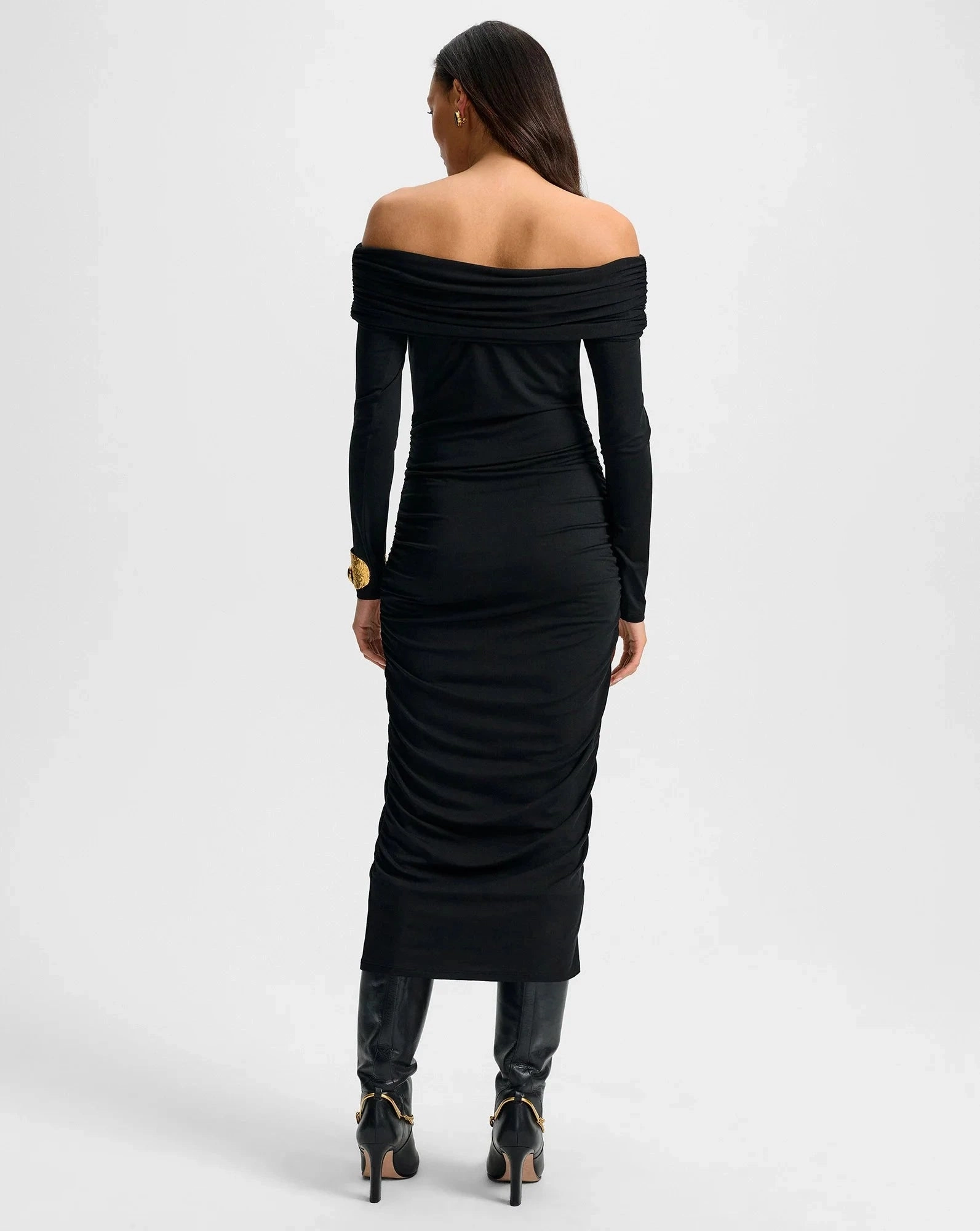 Best-Seller Flowing Texture Tinette Off-The-Shoulder Midi Dress Black