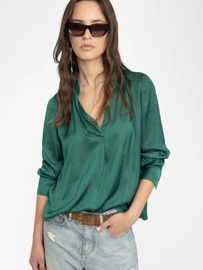Tink Satin Blouse Emerald Thermal Regulation Fabric HighNeckCut