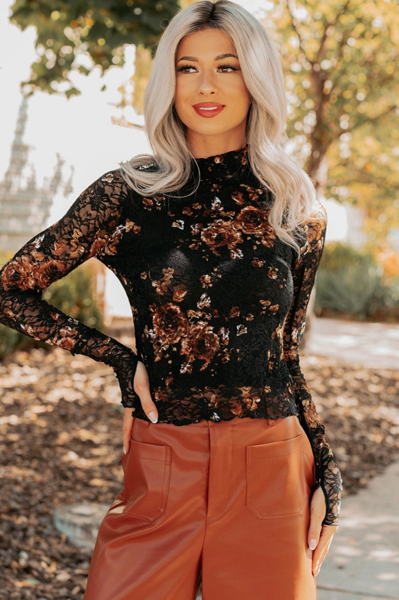 To Die For Floral Lace Mock Neck Top (Black) NonRestrictive Armholes