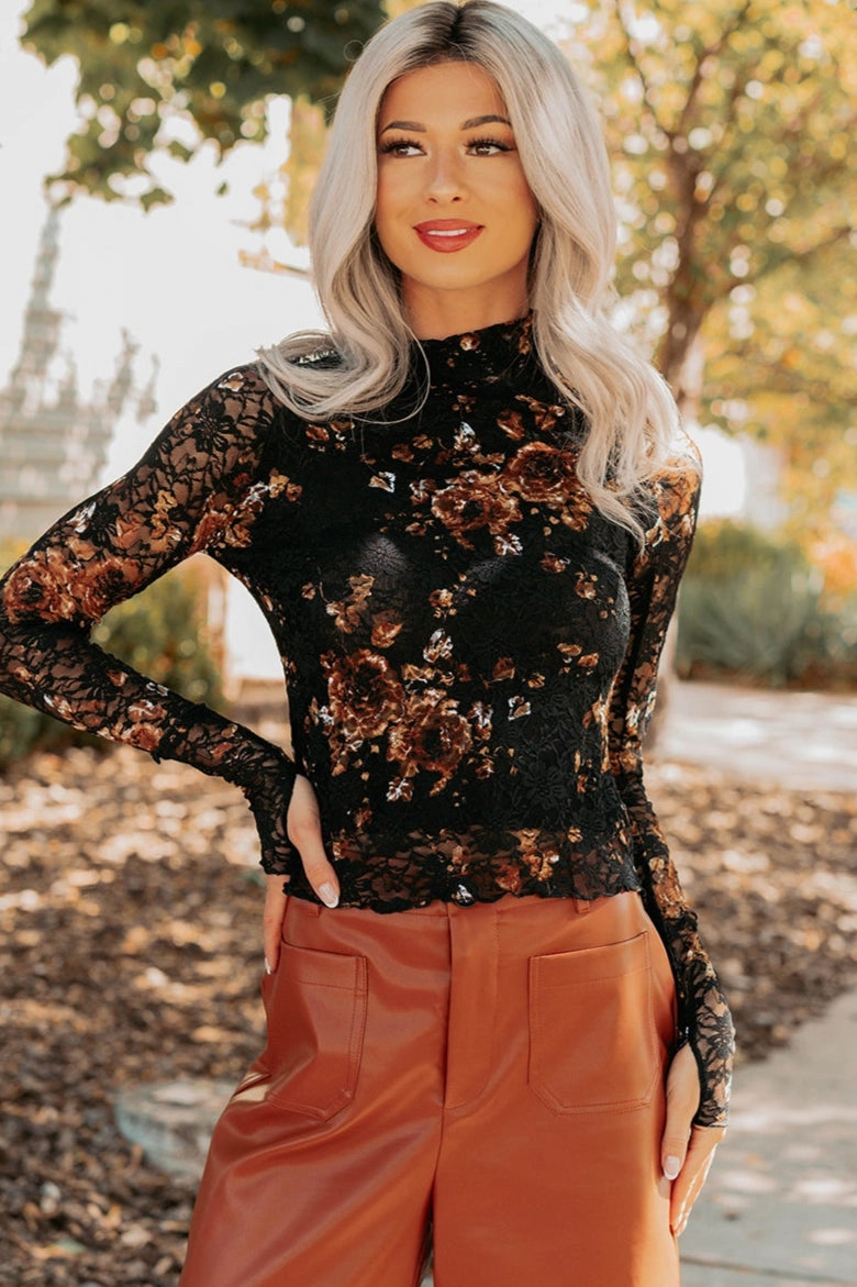 ElasticEdgeBinding NonRestrictiveSilhouette To Die For Floral Lace Mock Neck Top (Black)