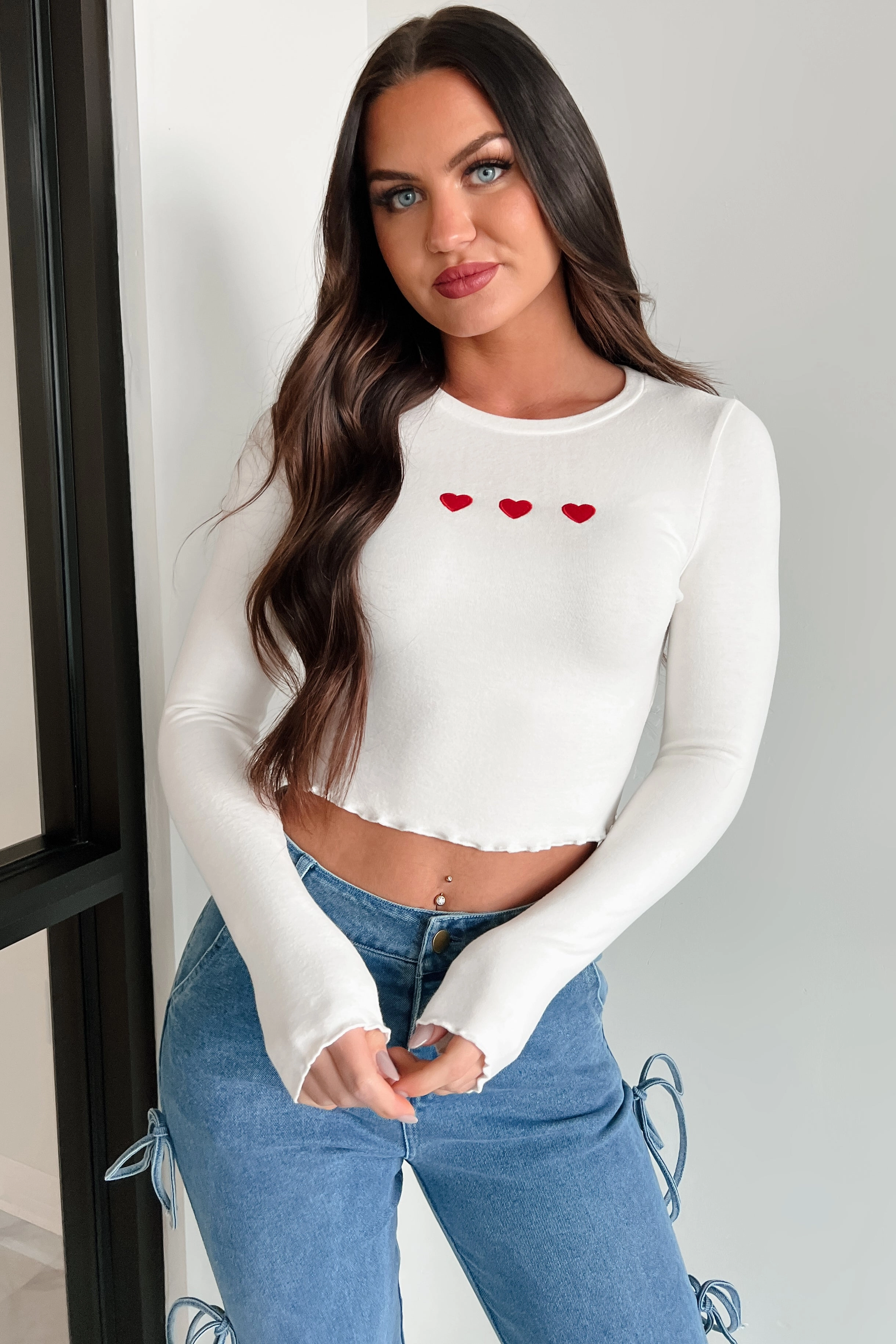 Durable Overlock Stitch High Neckline Structure Too Cutesy Embroidered Hearts Long Sleeve Top (White)