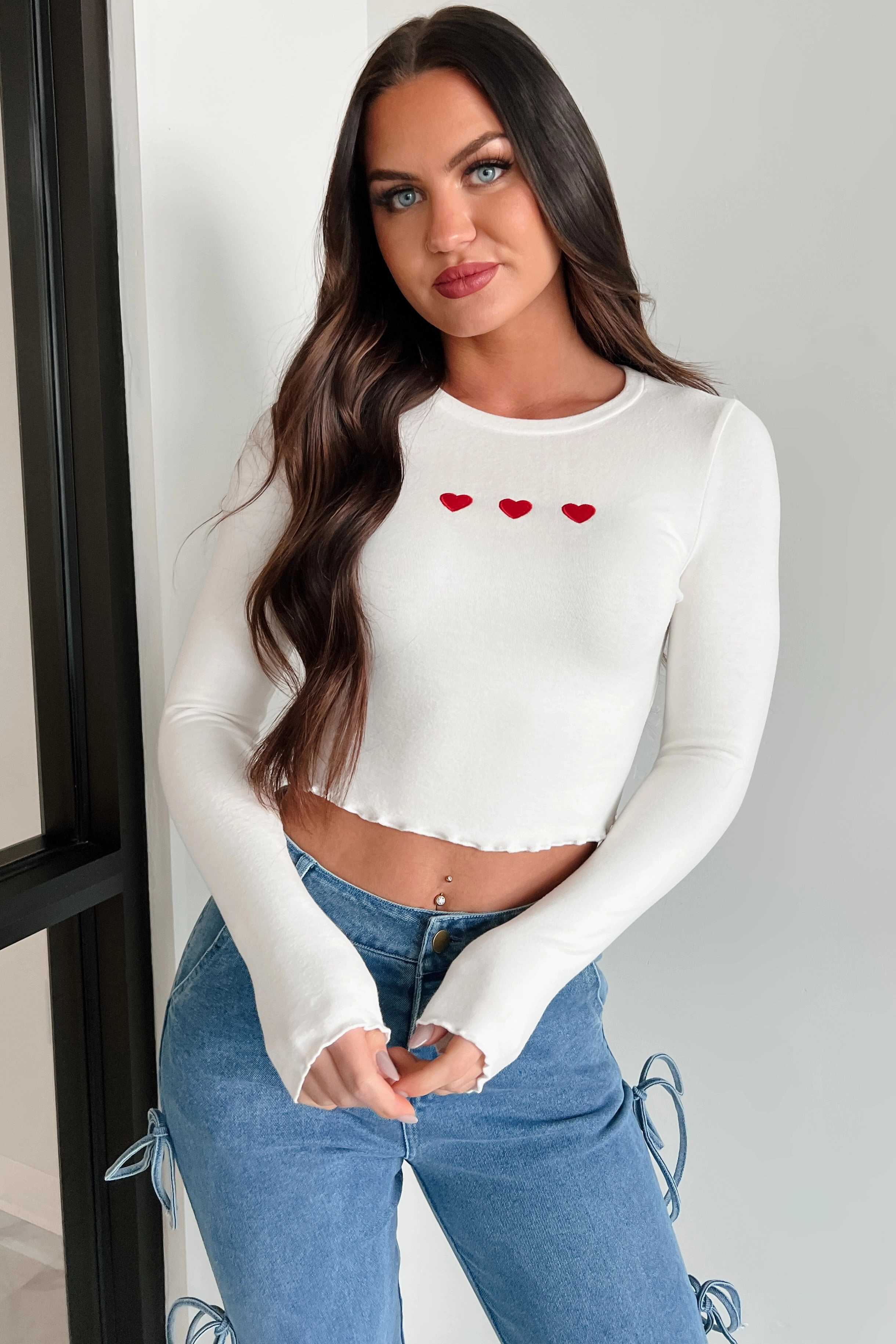 Microfiber Material Too Cutesy Embroidered Hearts Long Sleeve Top (White)