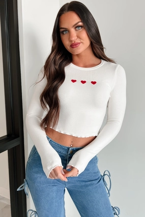 AbrasionResistant Finish Too Cutesy Embroidered Hearts Long Sleeve Top (White)