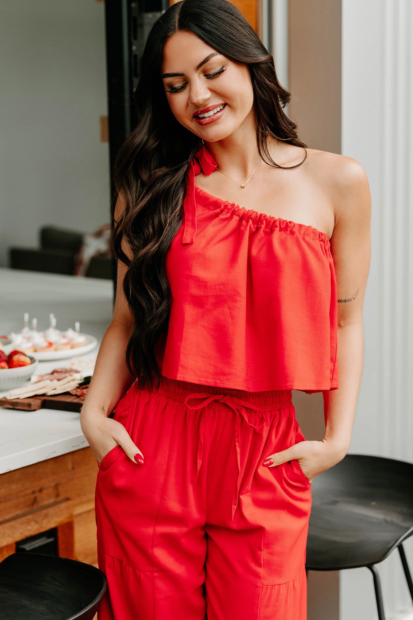 Too Saucy One Shoulder Top (Red) Two Tone Texture Effect Durable Reinforced Shoulders