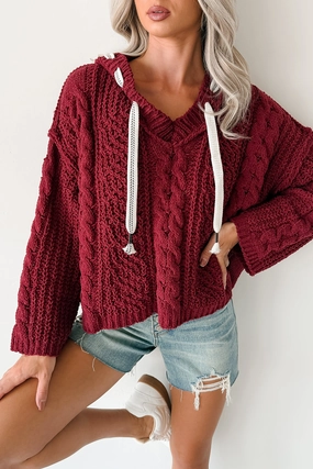 Everyday Jacket Total Ease Zenana Cable Knit Sweater Hoodie (Cabernet)
