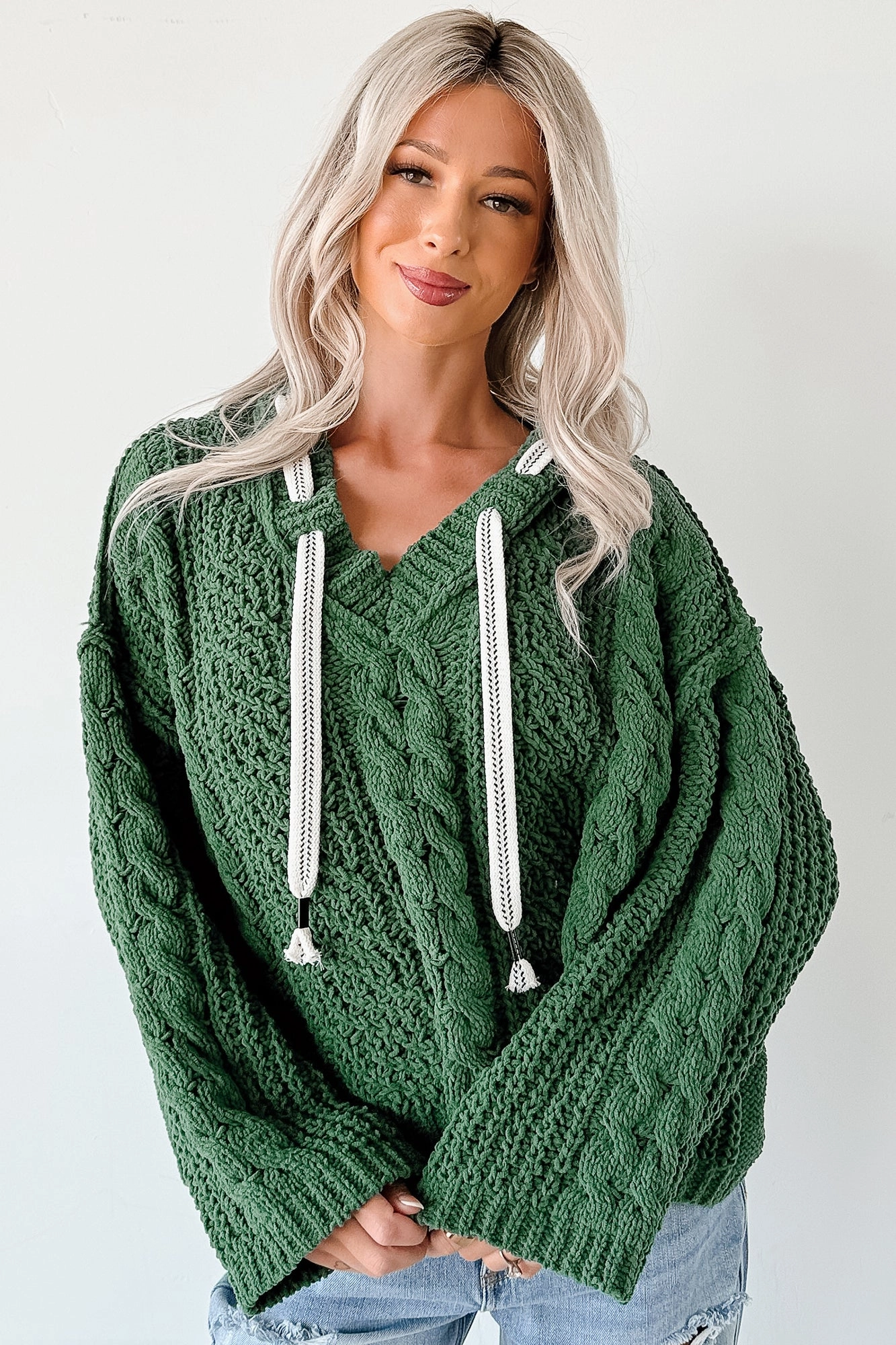 Total Ease Zenana Cable Knit Sweater Hoodie (Dark Green) OversizedSilhouette Non Restrictive Armhole Cut