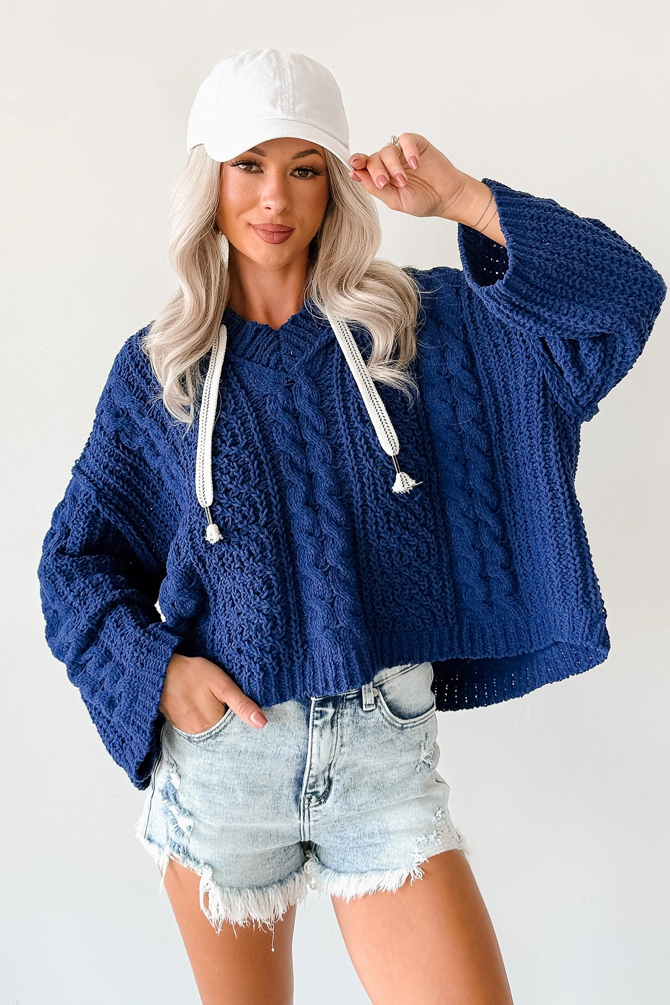 stain resistant coating Total Ease Zenana Cable Knit Sweater Hoodie (Light Navy)