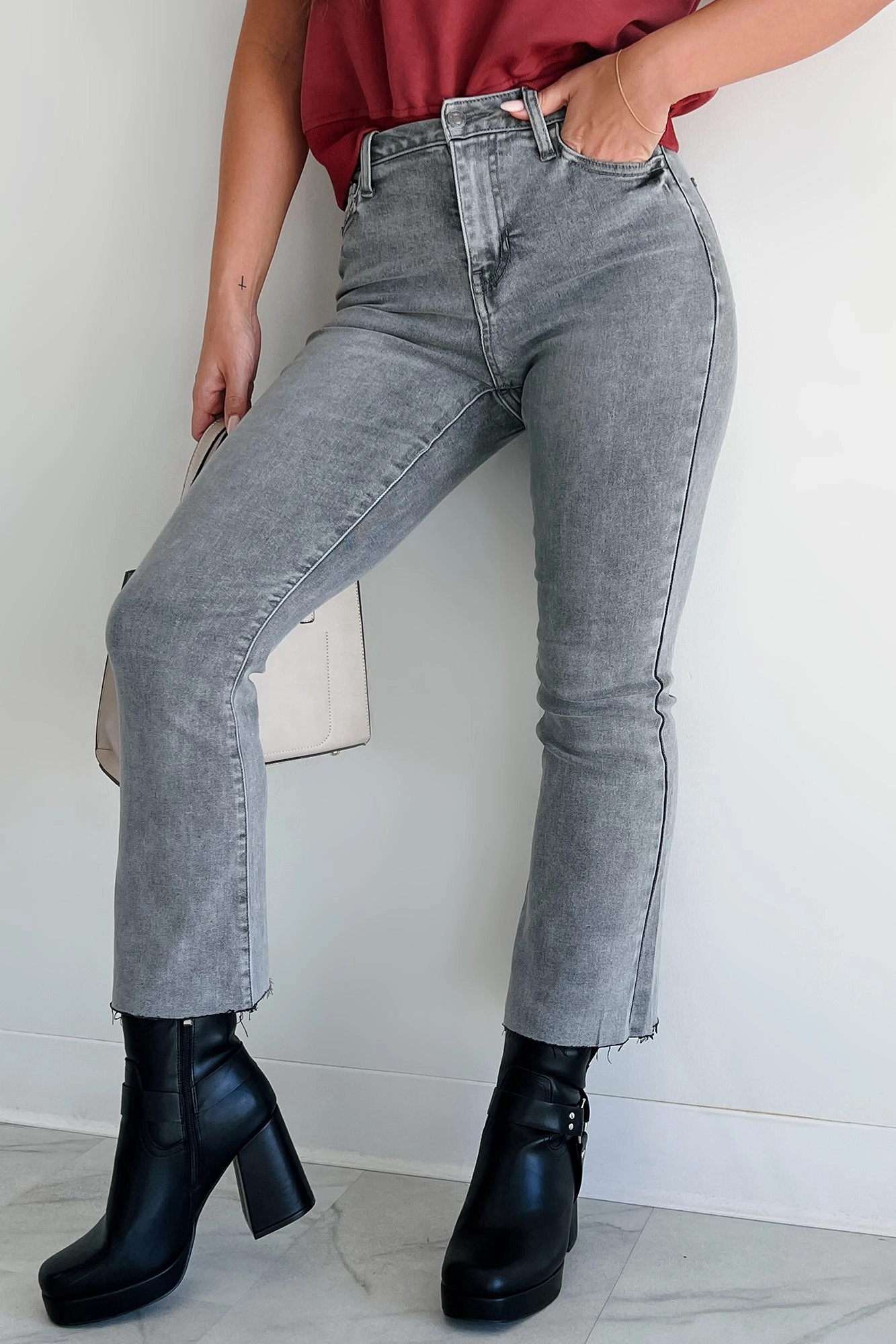 Sporty Fit Practical Look Tracie High Rise Crop Flare Cello Jeans (Grey)