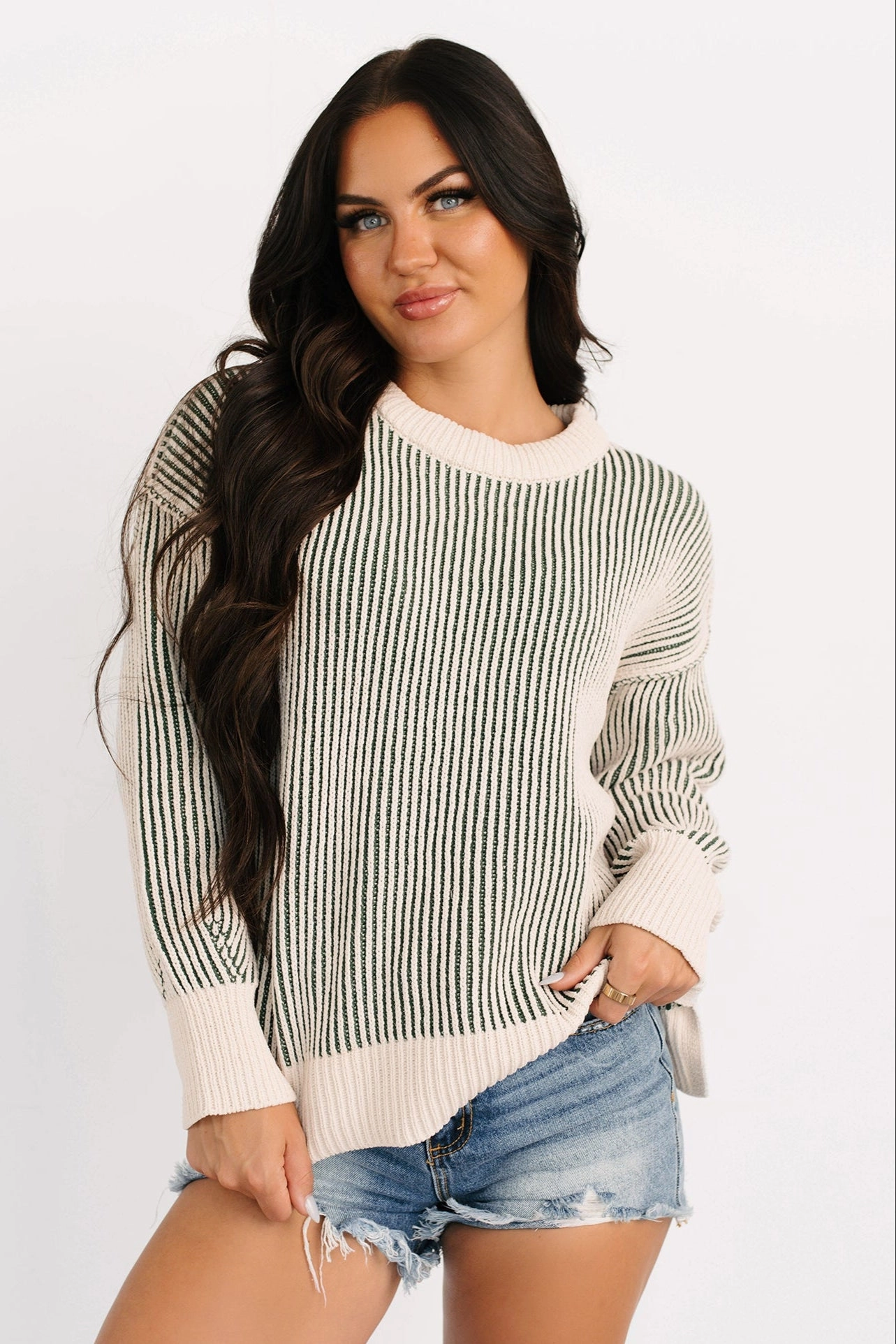 Garment Washed Softness Snug Haven Two Tone Zenana Sweater (Dark Green)