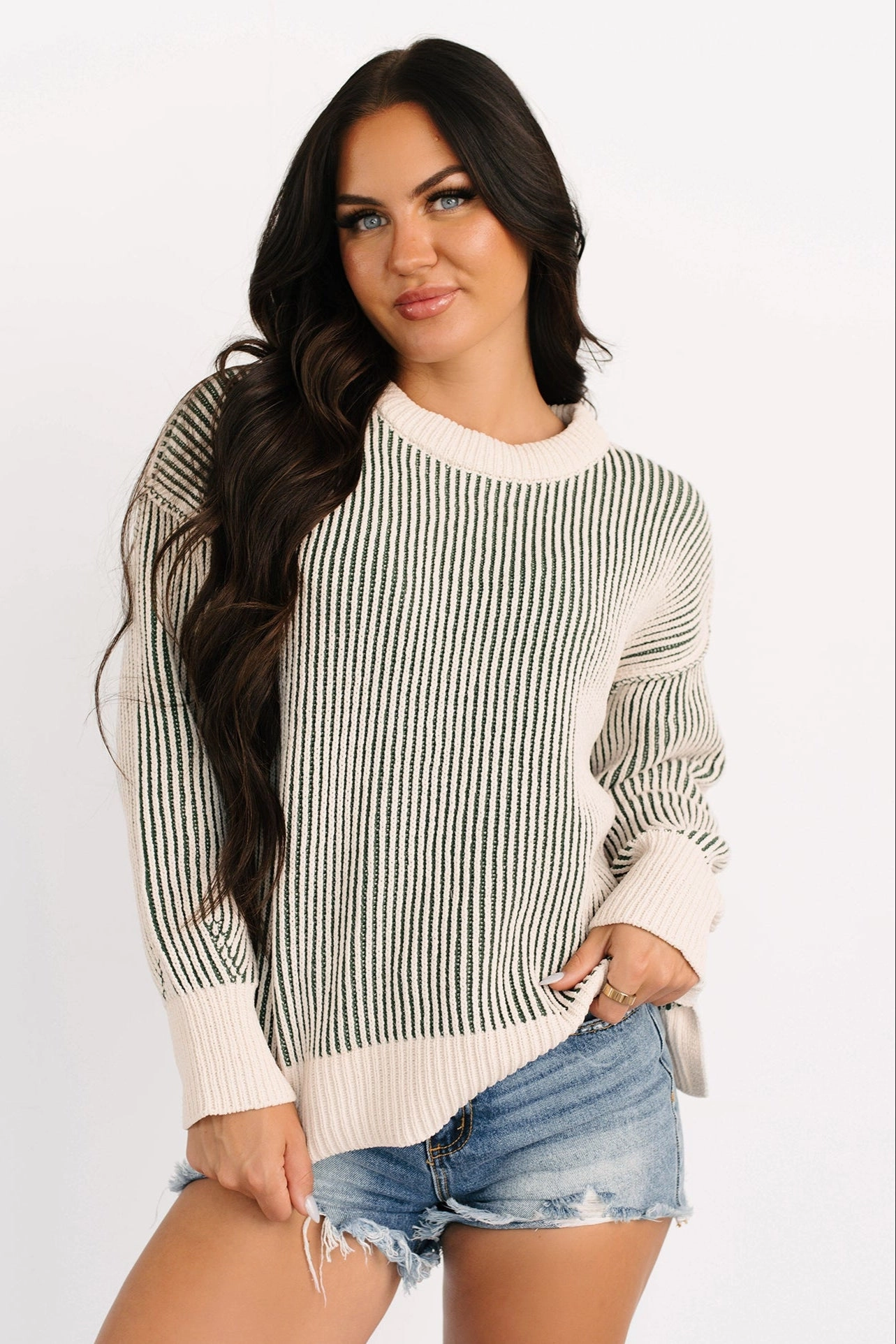Buttonless Closure Snug Haven Two Tone Zenana Sweater (Dark Green)