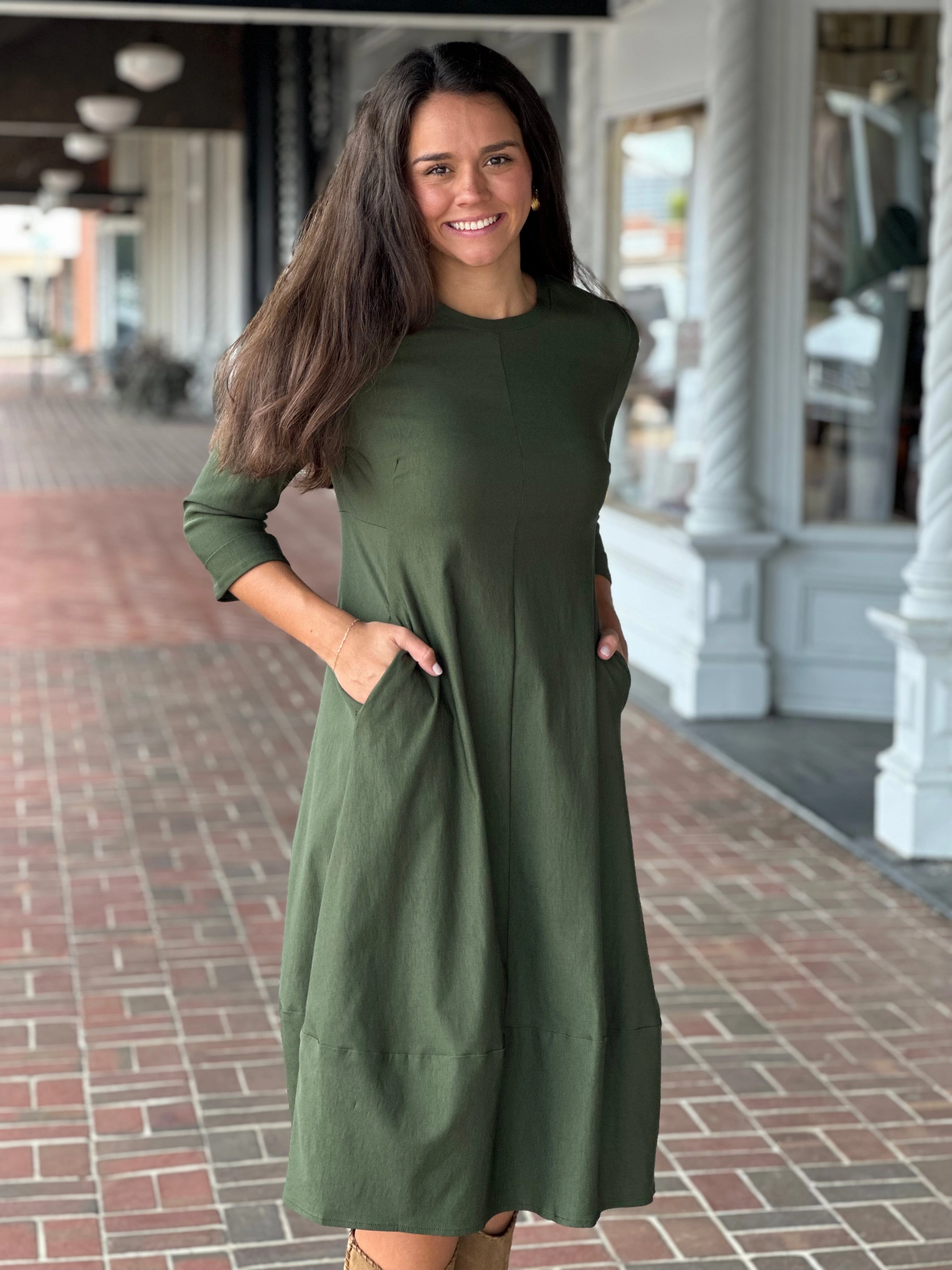 Daily Flex Perre Olive Green Three Quarter Sleeve Dress