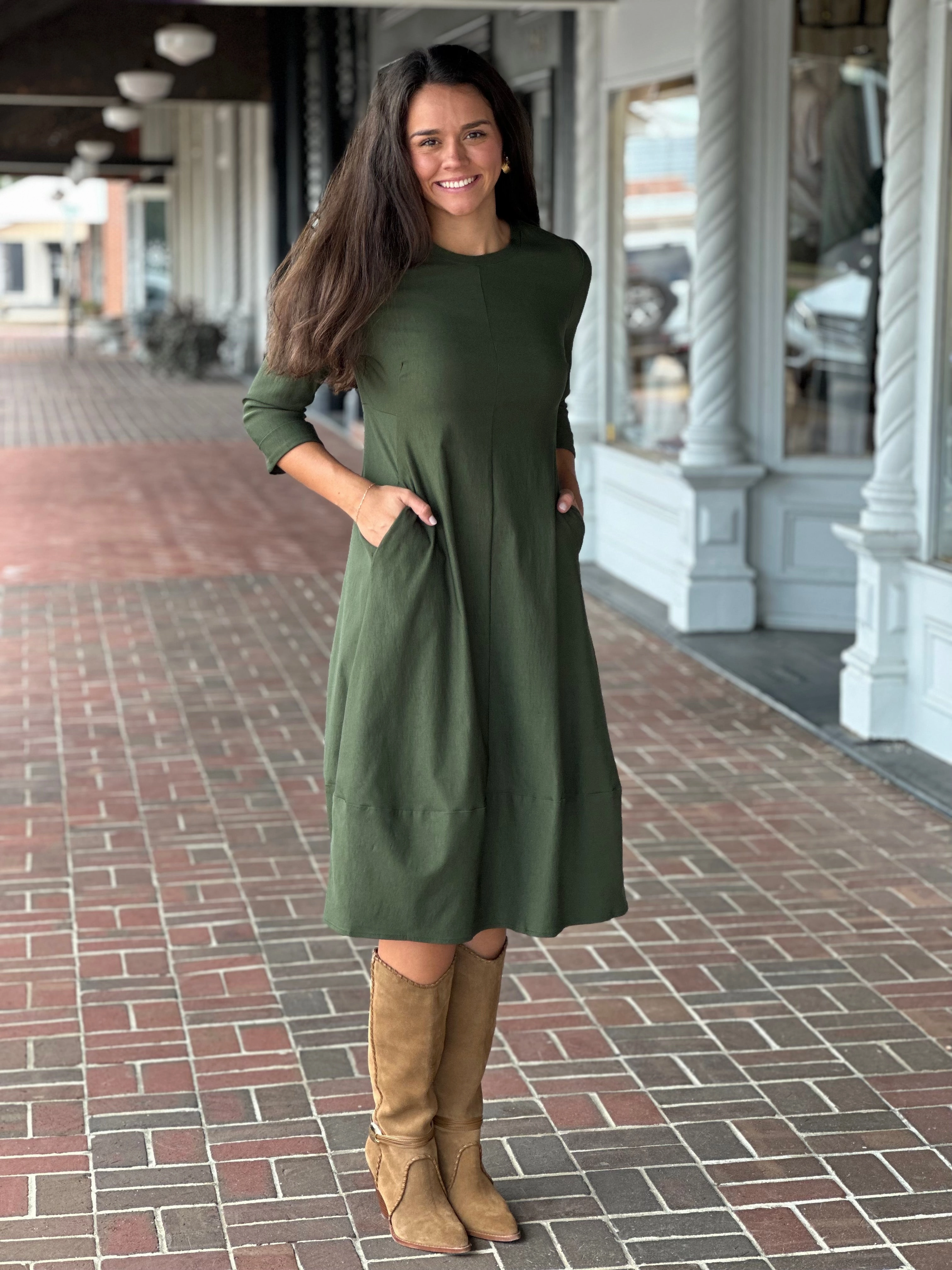 Sleek Form Perre Olive Green Three Quarter Sleeve Dress