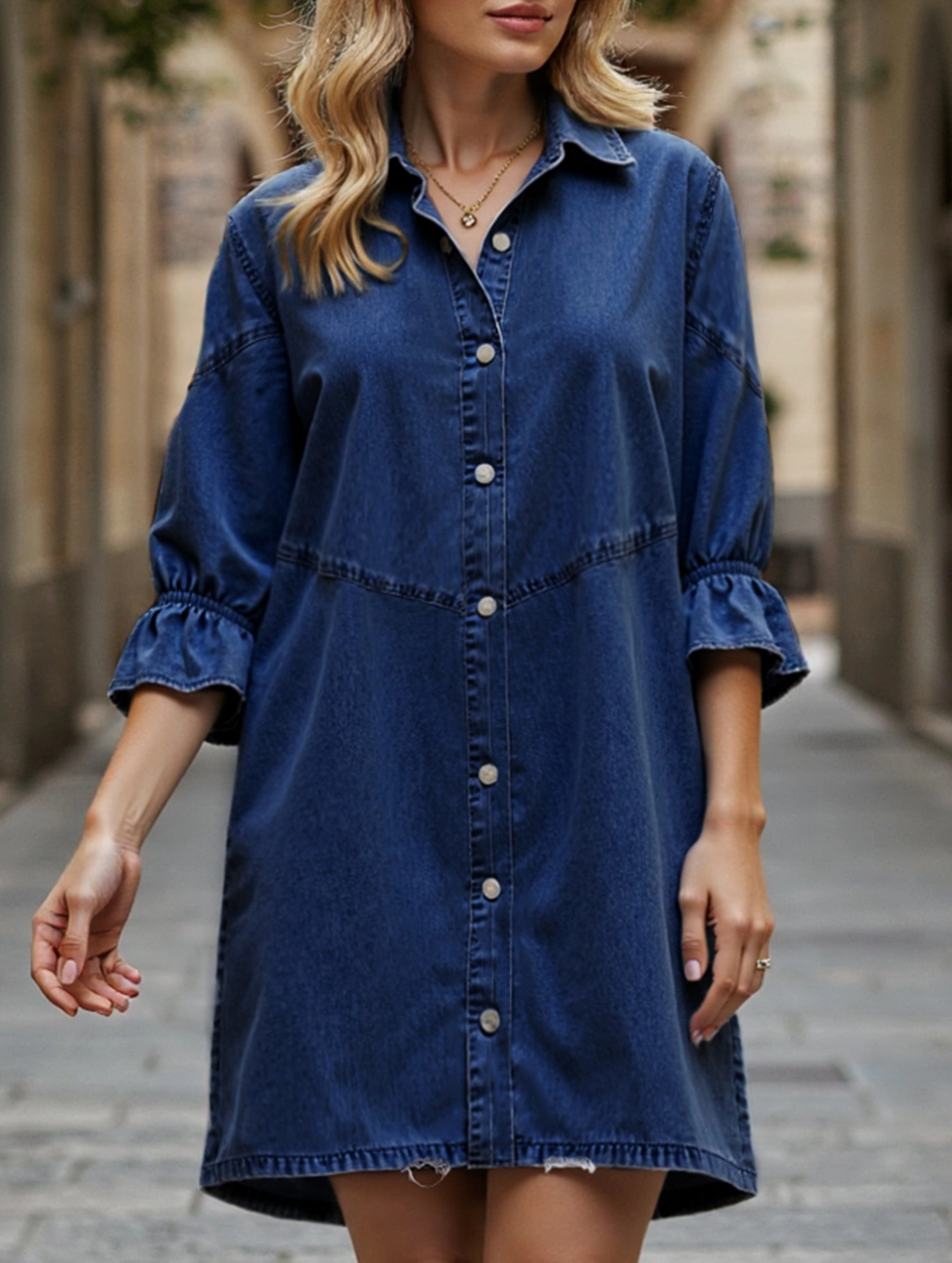 Single-row multi-button denim dress High-waisted evening piece MoistureWickingTechnology