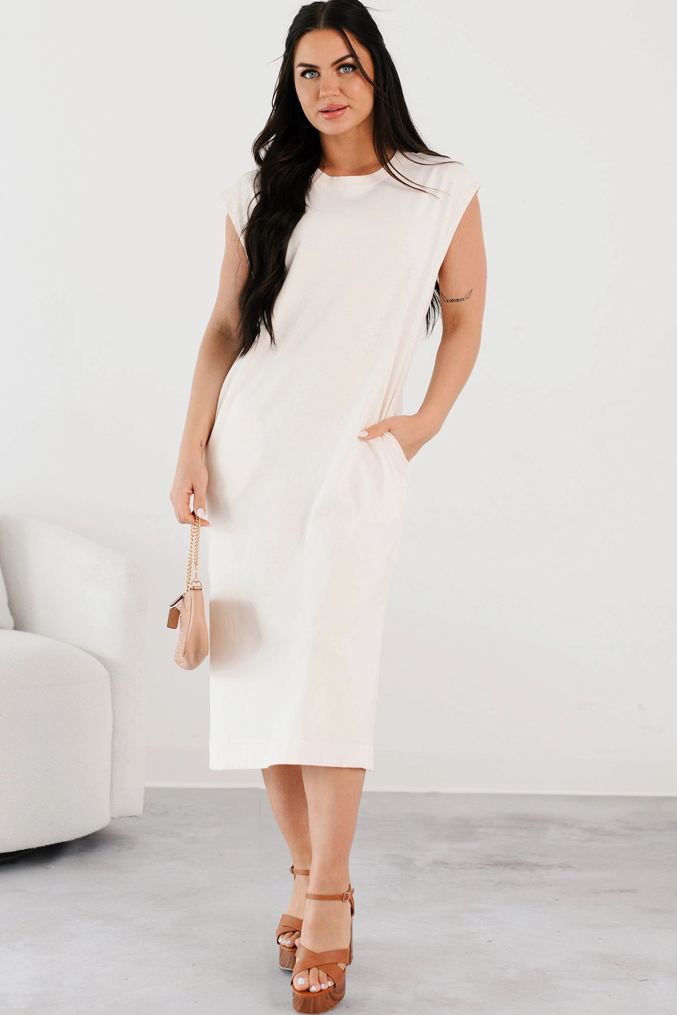 Sundays In Bed Sleeveless Midi Dress (Ivory) Bare Arm