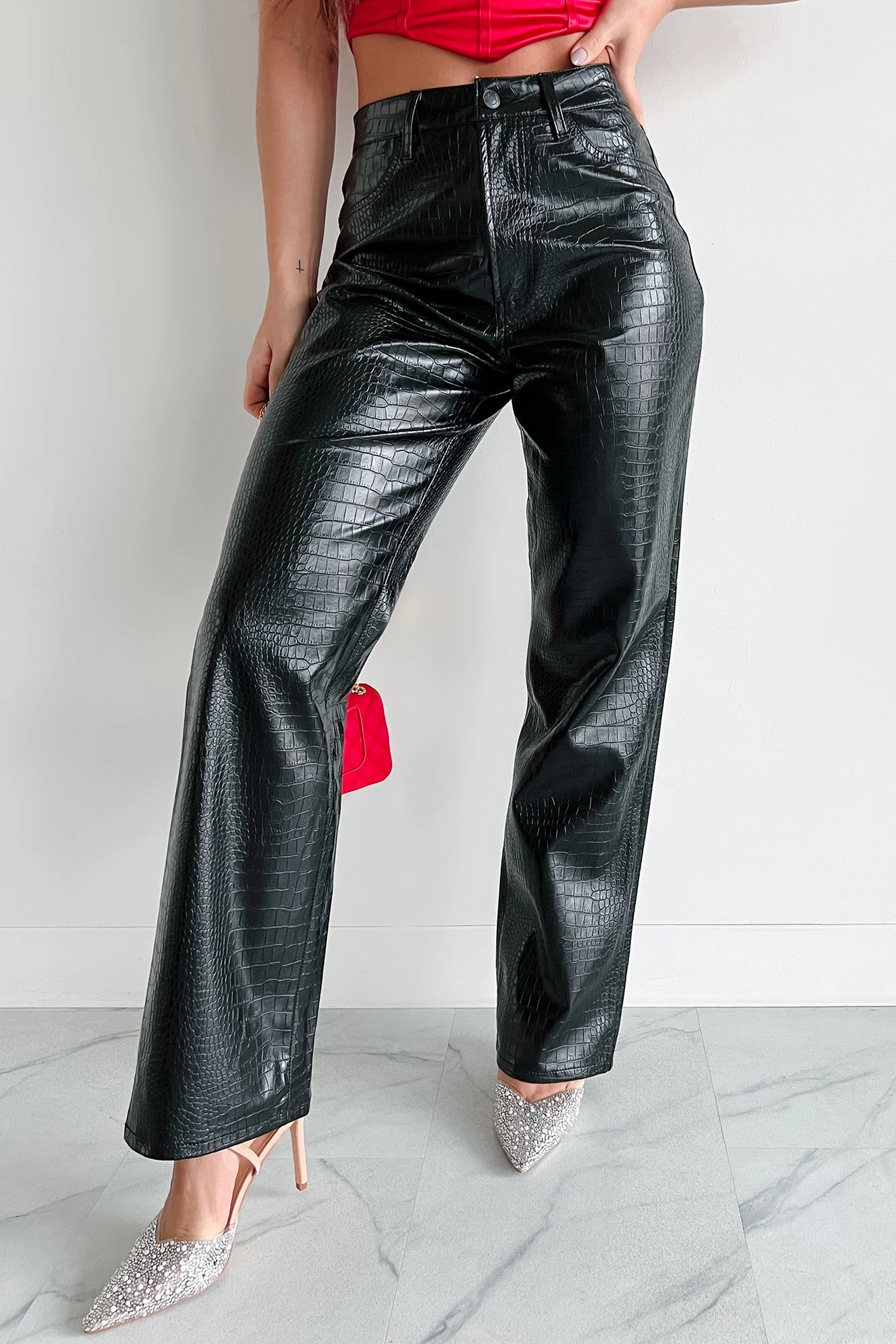 Trendy Appeal Crocodile Tears Faux Croc Straight Leg Pants (Black PU)