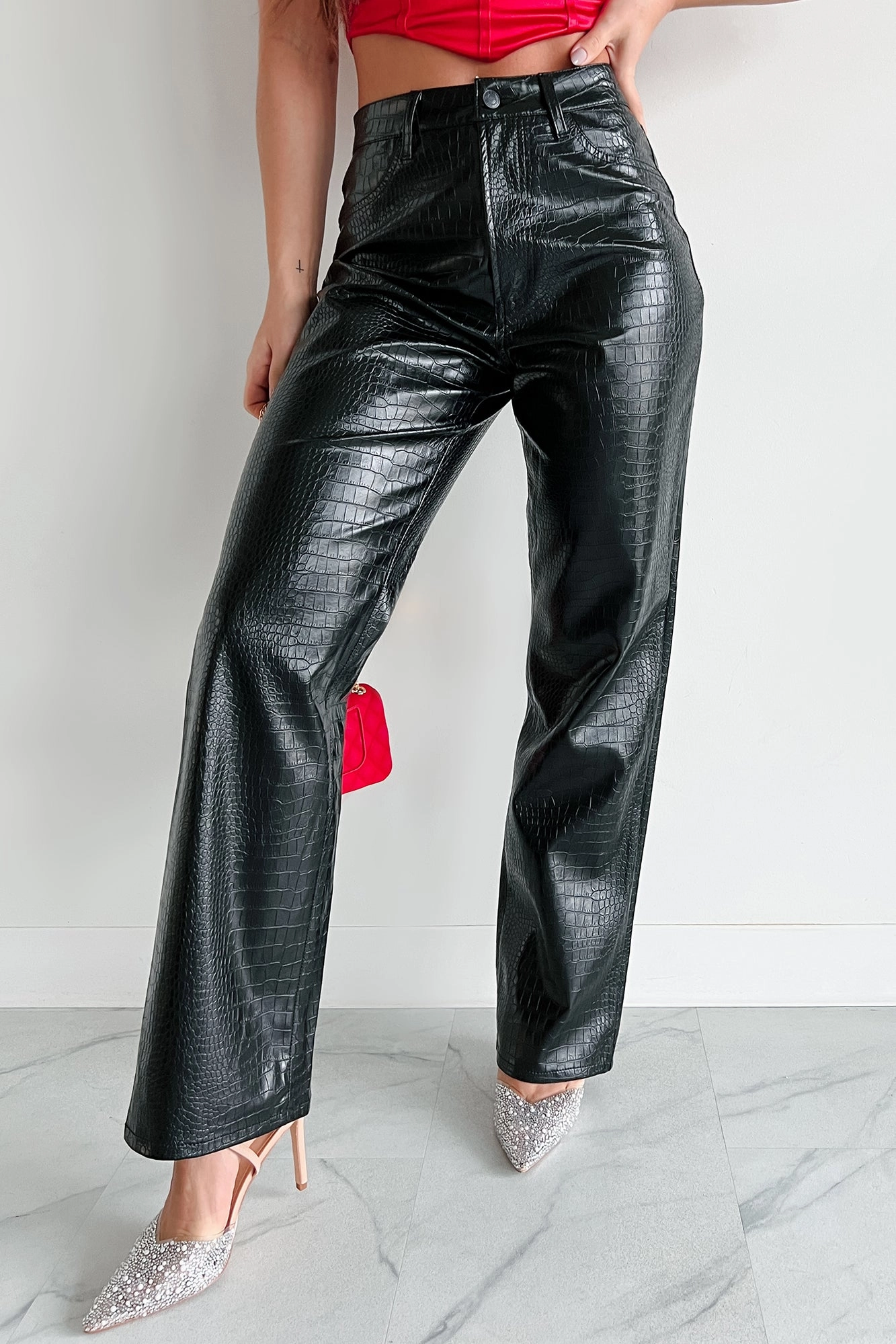 Crocodile Tears Faux Croc Straight Leg Pants (Black PU) Stylish Layers