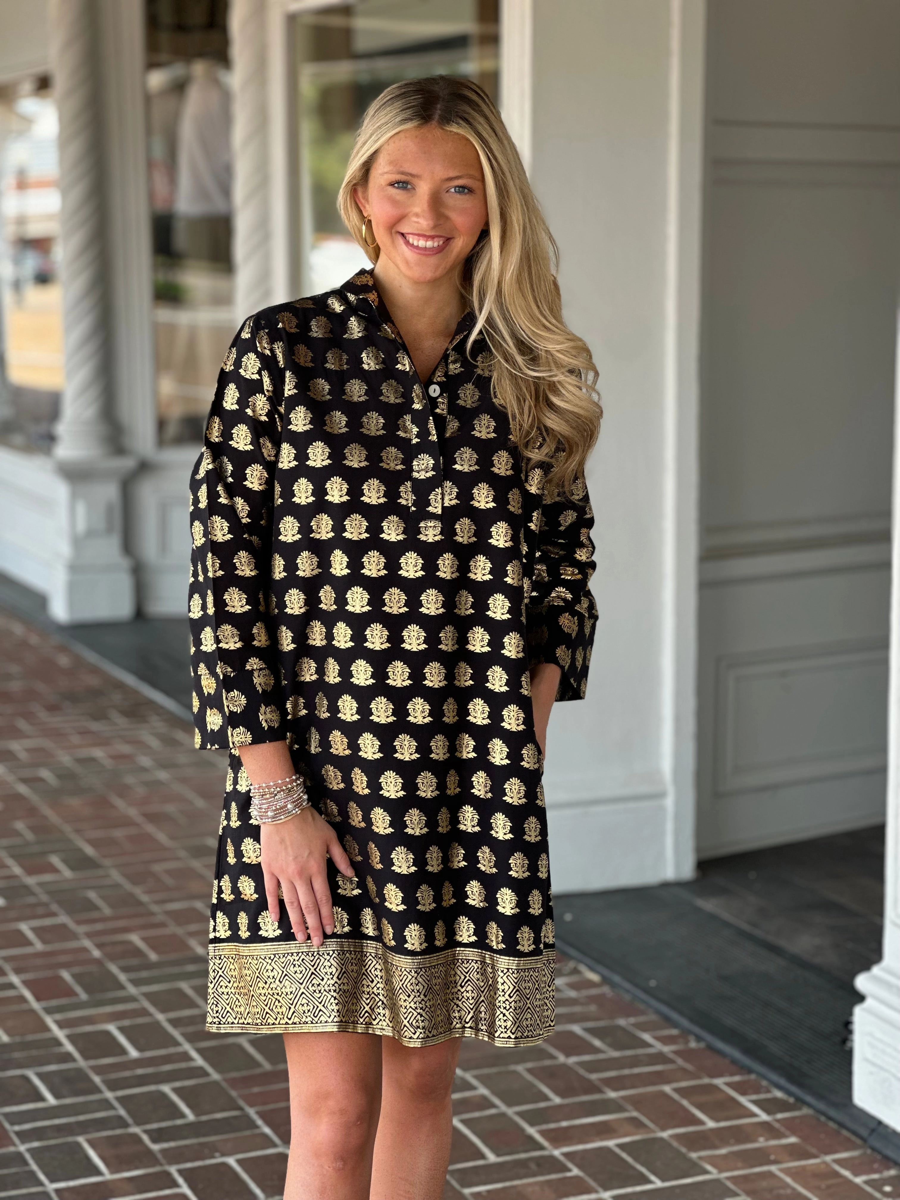 Jude Connally Helen Dress in Foulard Border Black Gold Versatile Layer