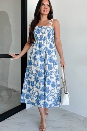 Garden Breeze Floral Midi Dress (Cream/Blue) Pure Lines Stud-Detail