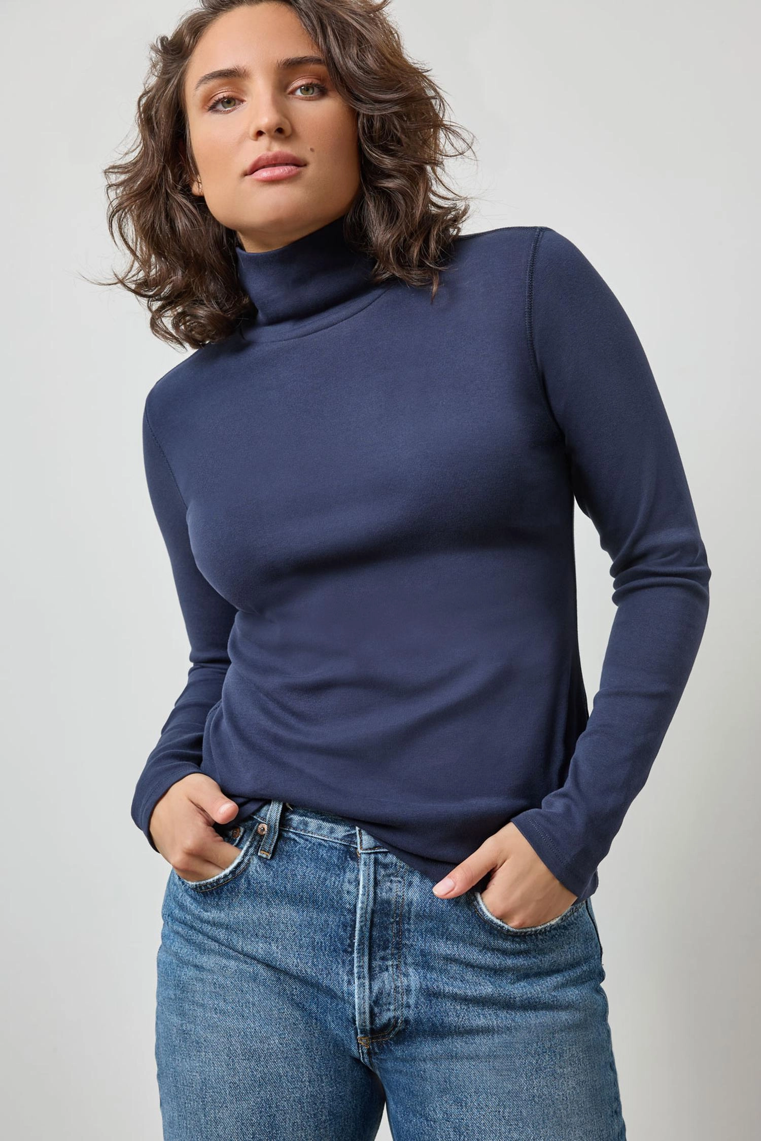 Eco Conscious Packaging Non Closure Collar Long Sleeve Turtleneck Tee Dark Navy