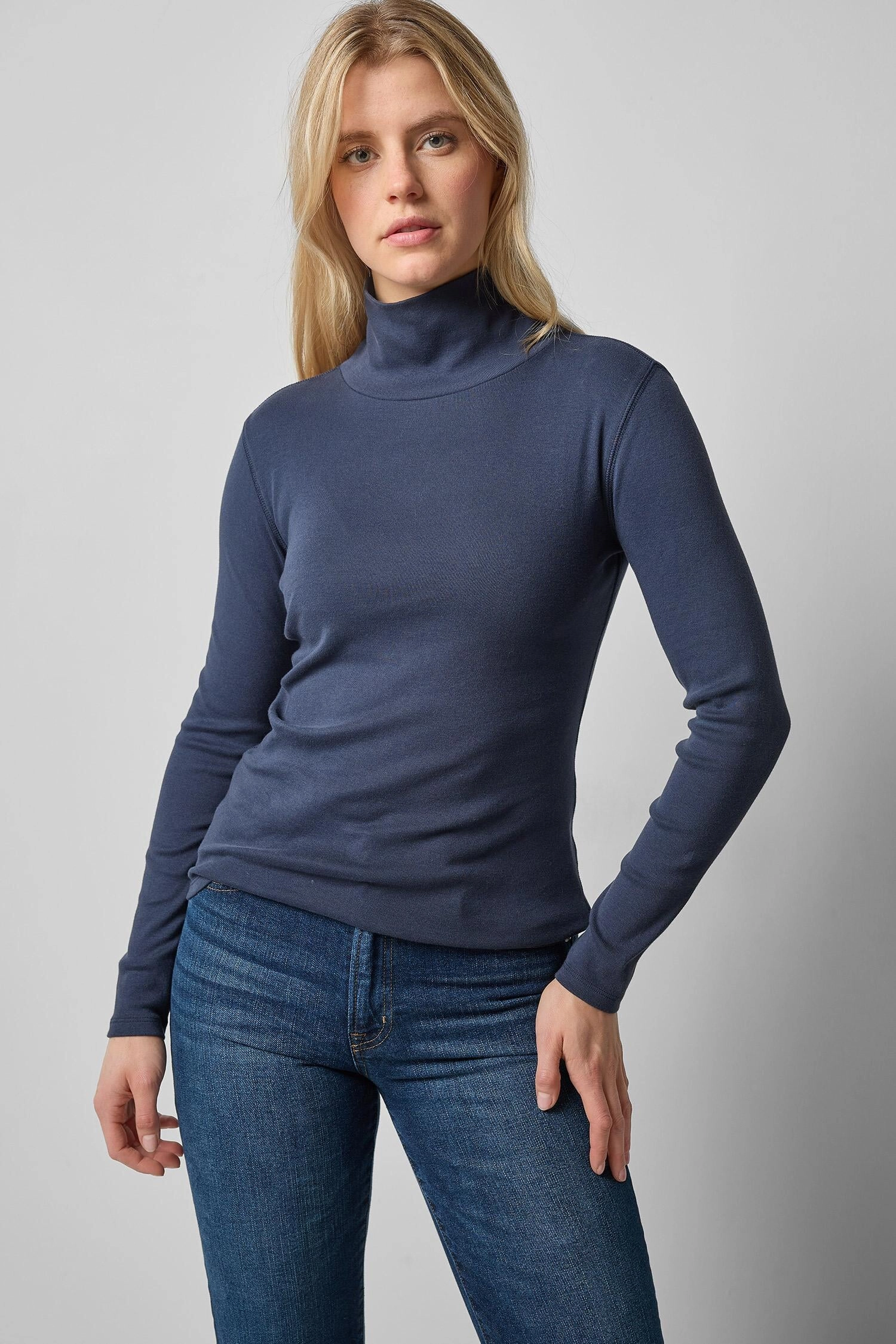 Long Sleeve Turtleneck Tee Dark Navy Smooth Zipper Integration HoodedVersion