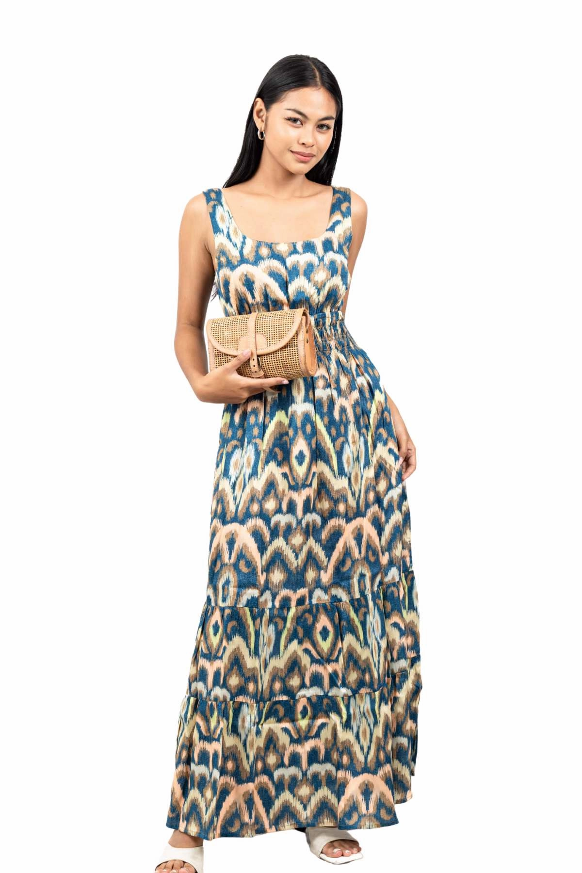 Trixie Dress / Deep Ocean Ikat Elegant Wear Smocked-Detail