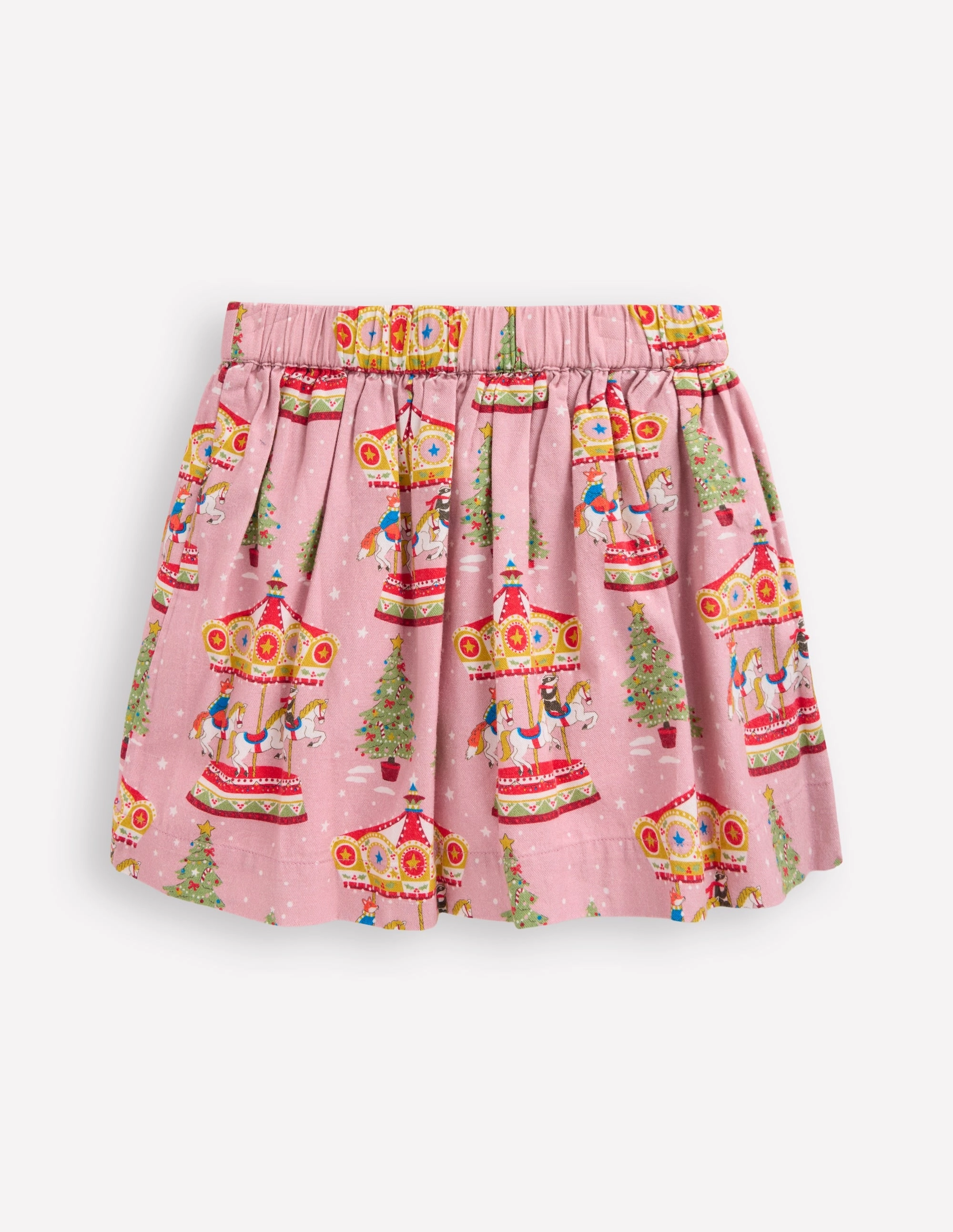 Printed Pull-On Twirly Skirt-Vintage Pink Carousel Outfit Lookbook Rolled Hem