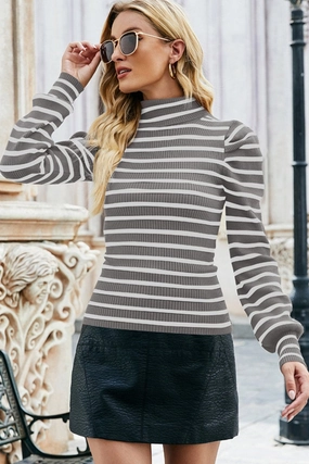 WOMEN HIGH NECK STRIPE PATTERN LONG SLEEVE TOP Ventilated Mesh Panels