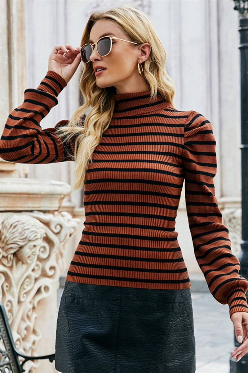 WOMEN HIGH NECK STRIPE PATTERN LONG SLEEVE TOP RubberizedGrip