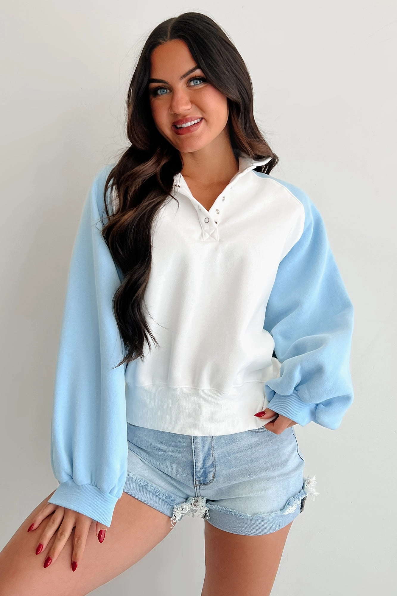 Turning The Page Snap-Button Pullover Sweatshirt (Sky Blue/White) Simple Style