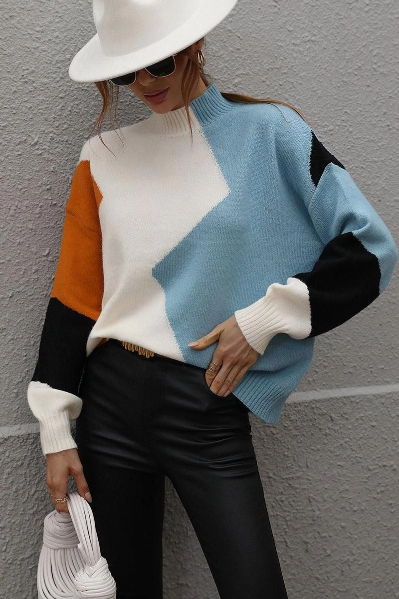 TURTLE NECK COLOR BLOCK CASUAL SWEATER TOP LongSleeve