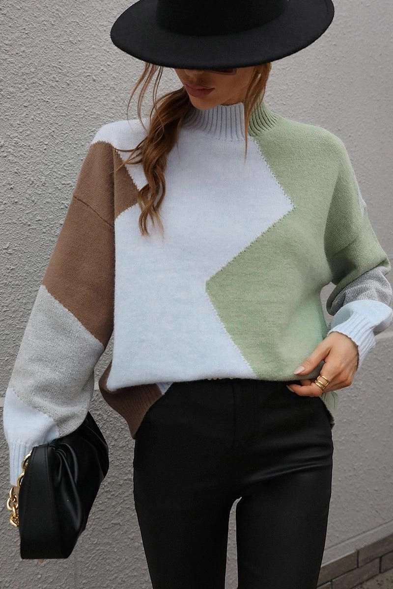 TURTLE NECK COLOR BLOCK CASUAL SWEATER TOP Ribbed collar